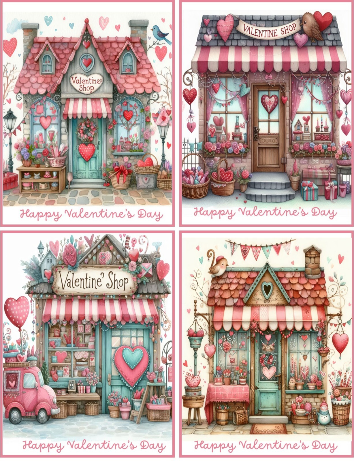 8 Valentine fantasy shop shabby chic fold out glossy cards with envelopes
