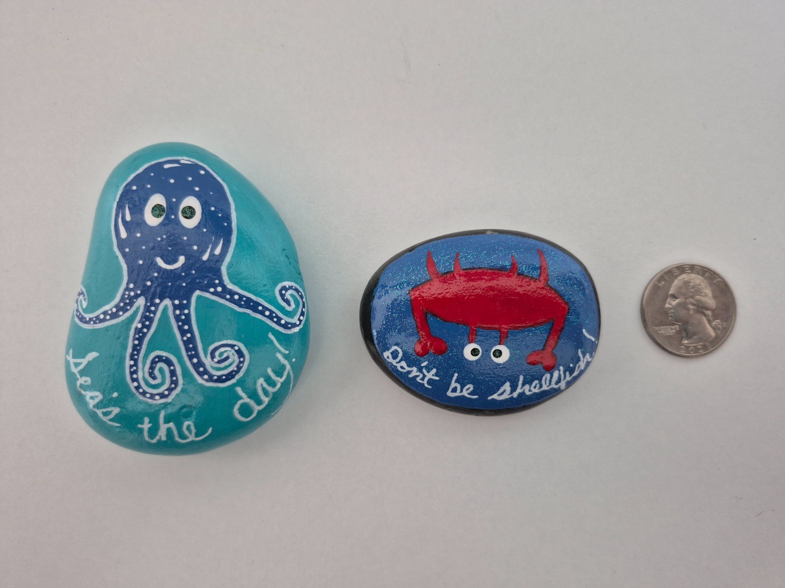 Set of 2 Nautical Hand Painted Kindness Rocks Octopus Crab Sea Pun Beach Decor