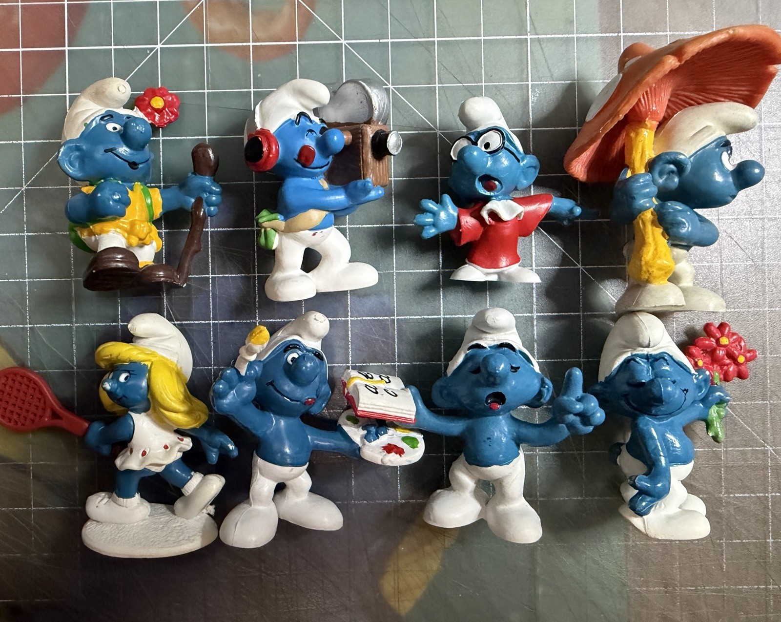 Vintage 1980s Peyo/Schleich SMURFS Lot 8A: Mushroom, Movie(RARE), Hiker, Tennis