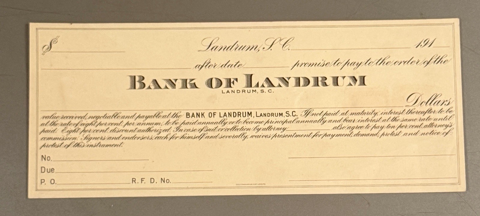1910s Bank of Landrum SC Unused Promissory Note Antique Banking Ephemera RARE 1910s Bank of Landrum SC Unused Promissory Note Antique Banking Ephemera RARE