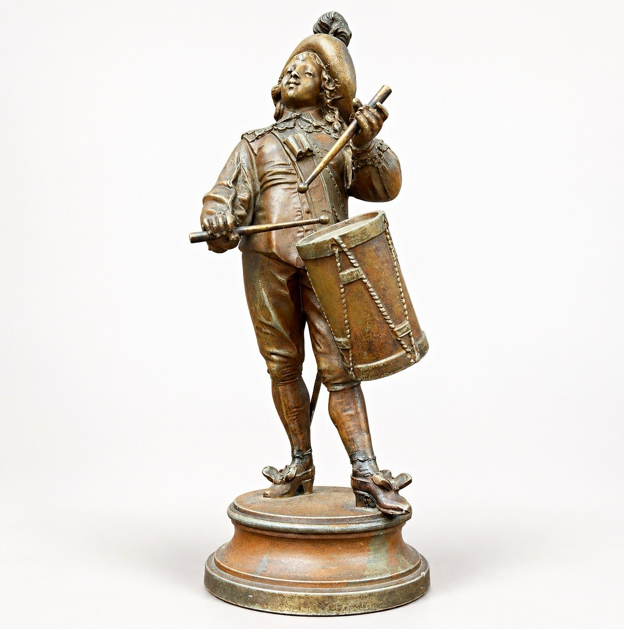 Vintage European Cavalier Military Drummer Metal Figurine Statue Bronze Tone Vintage European Cavalier Military Drummer Metal Figurine Statue Bronze Tone