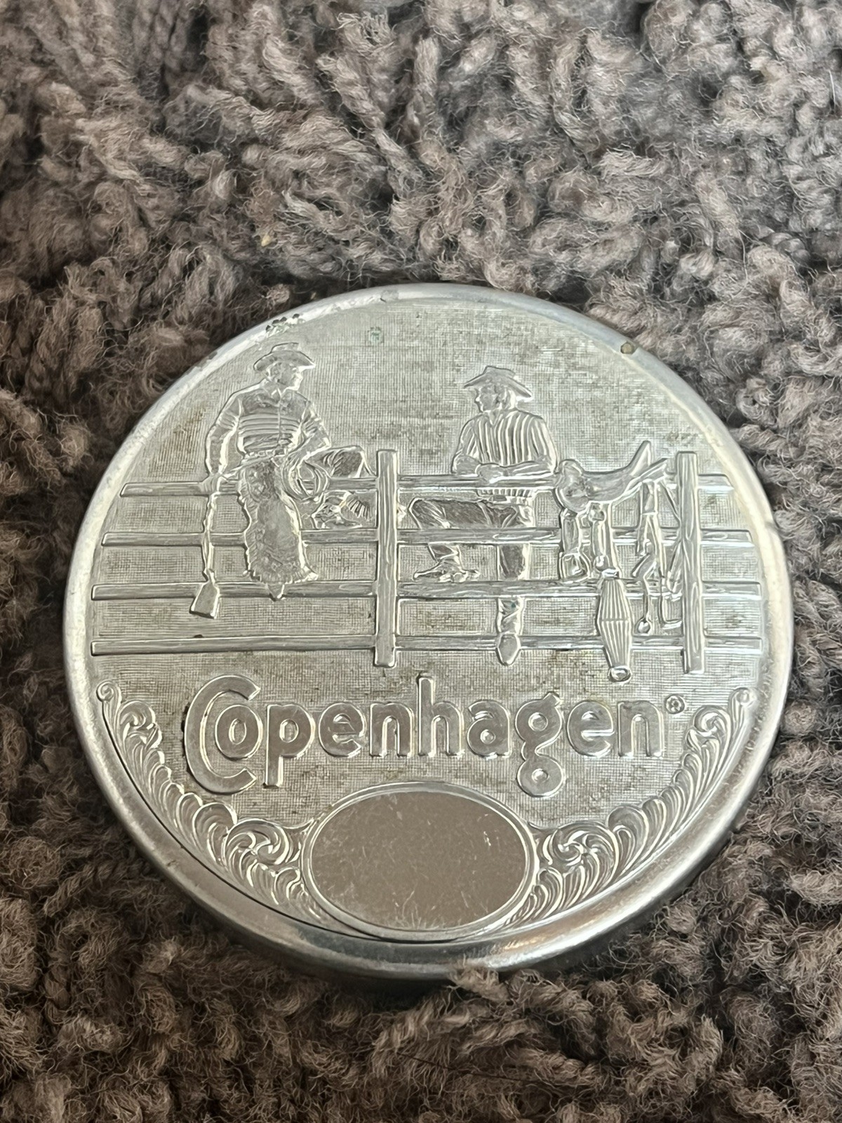 Copenhagen 2-Cowboys On Fence Snuff Can Lid Thck Metal Tin Vintage Collectible Copenhagen 2-Cowboys On Fence Snuff Can Lid Thck Metal Tin Vintage Collectible