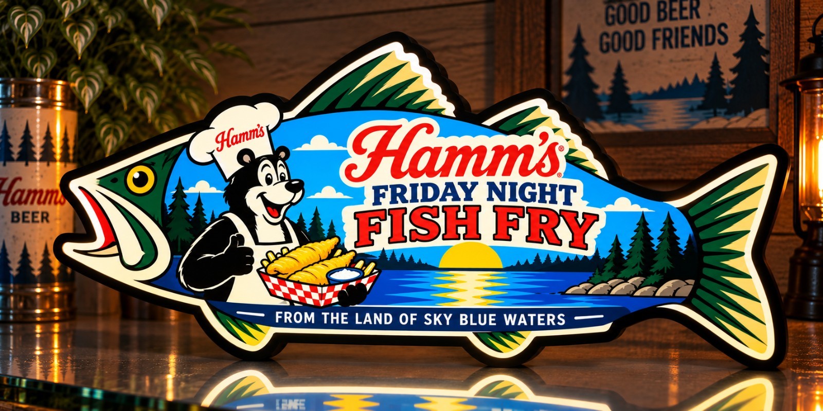 Hamm’s Beer Friday Night Fish Fry LED Light Box Sign Walleye Silhouette Decor
