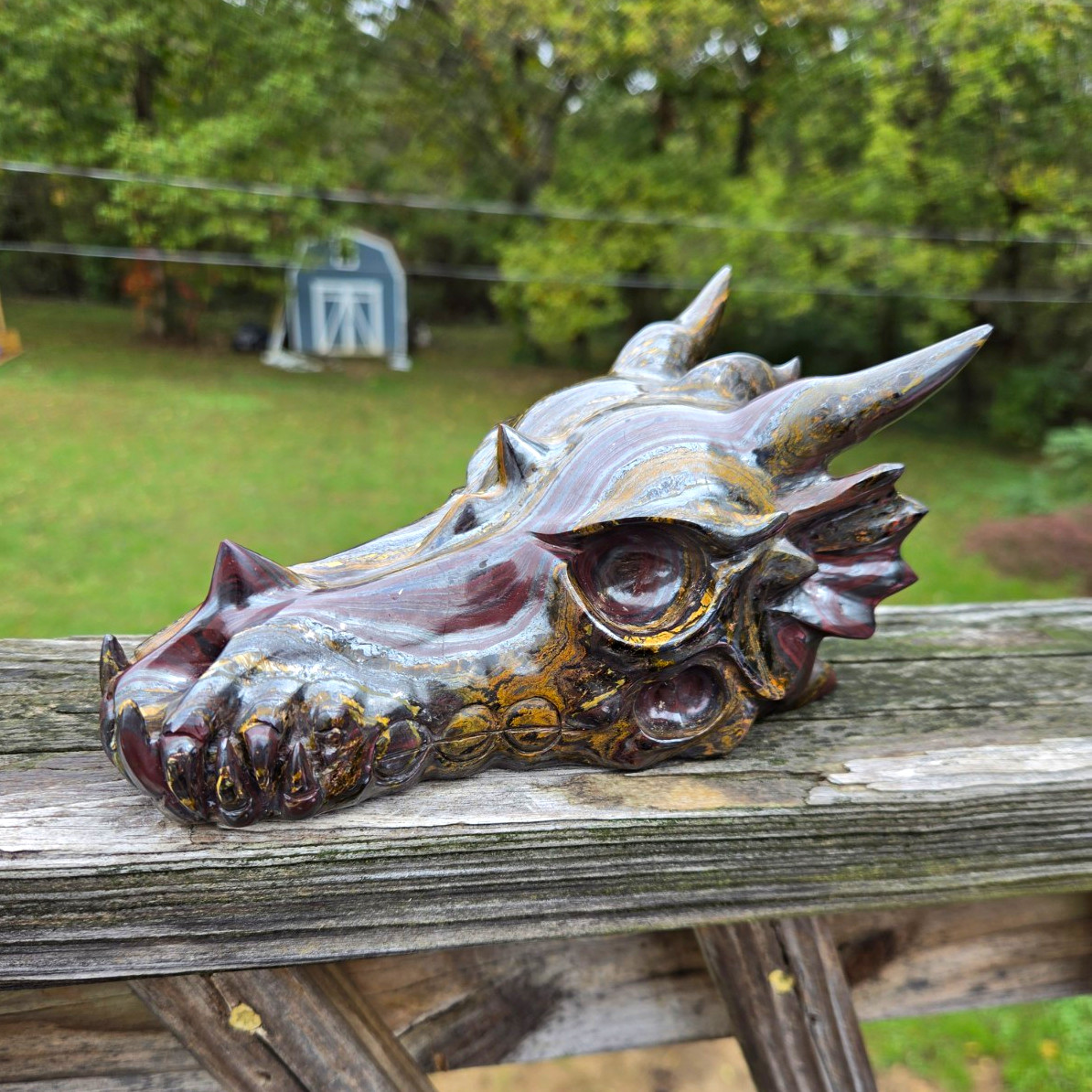 Colorful Tiger Iron Eye Hand Carved Crystal Dragon Skull Sculpture