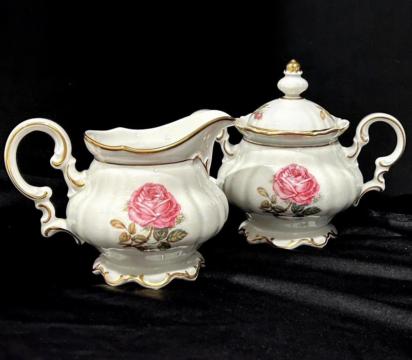 Hutschenreuther Porcelain Creamer & Sugar bowl set Pink Rose “Dundee” Floral EUC