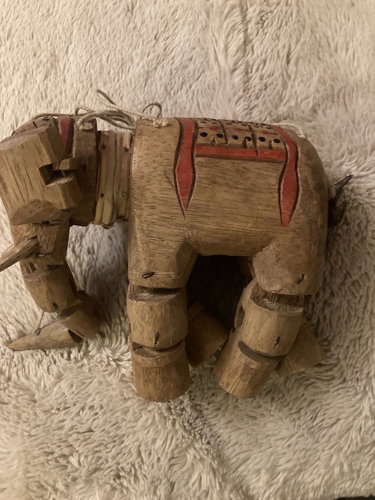 Vintage Hand Carved Asian Folk Art Wooden Jointed Painted Elephant Marionette