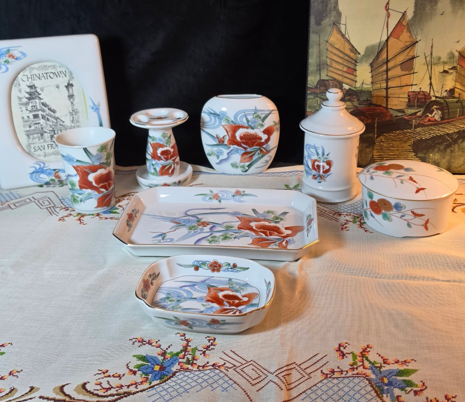 Vintage Takahashi Botanical Vanity Set, porcelain bathroom set, floral Asian 