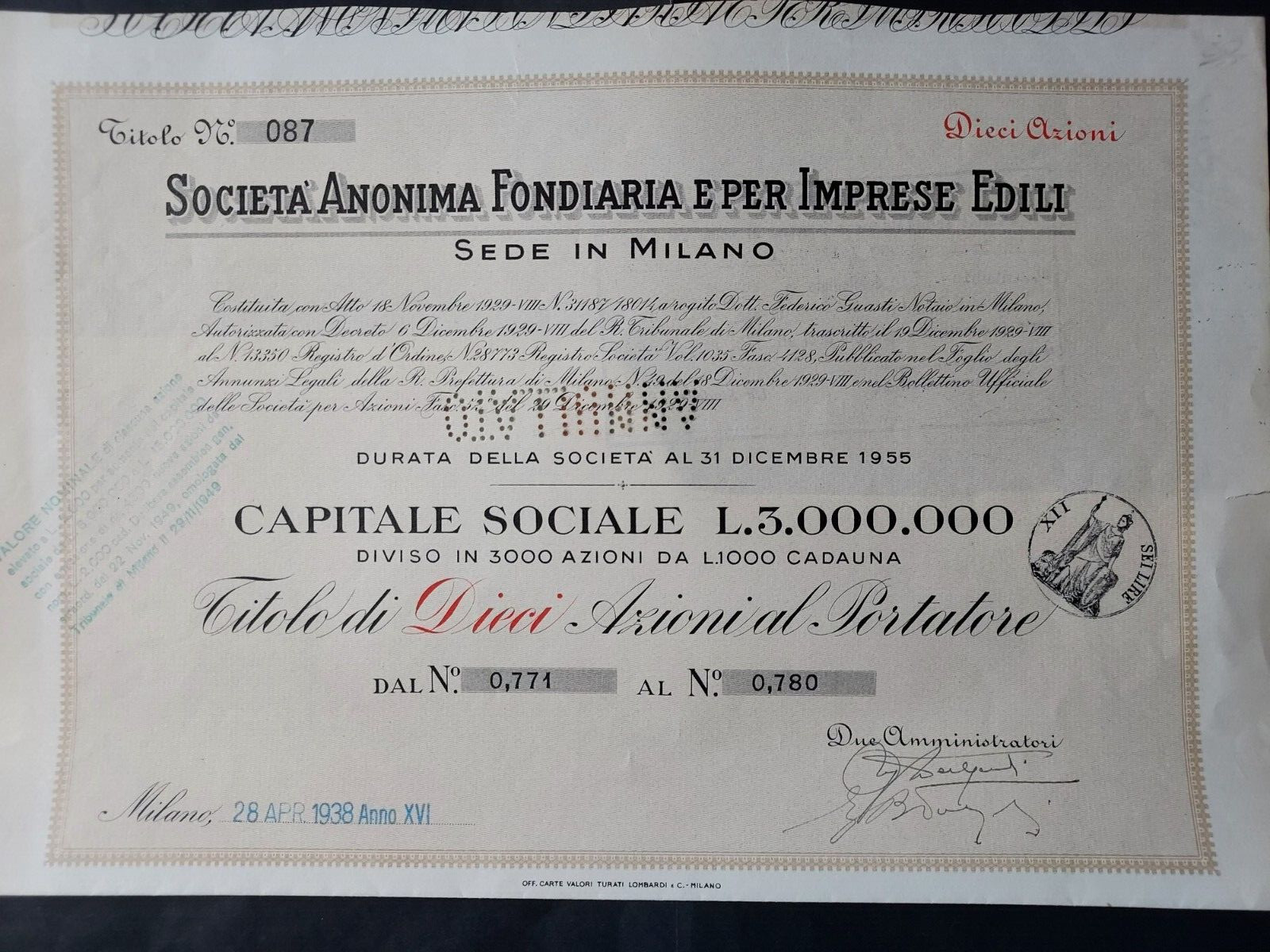 MILAN 1938 YEAR XVI FASCIST ERA * HISTORICAL ACTION LANDED CONSTRUCTION COMPANIES MILAN 1938 YEAR XVI FASCIST ERA * HISTORICAL ACTION LANDED CONSTRUCTION COMPANIES
