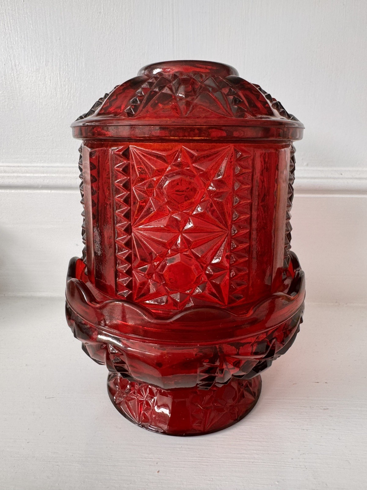 Vintage Indiana Glass Large Ruby Red Stars & Bars Fairy Lamp 6.5 Vintage Indiana Glass Large Ruby Red Stars & Bars Fairy Lamp 6.5
