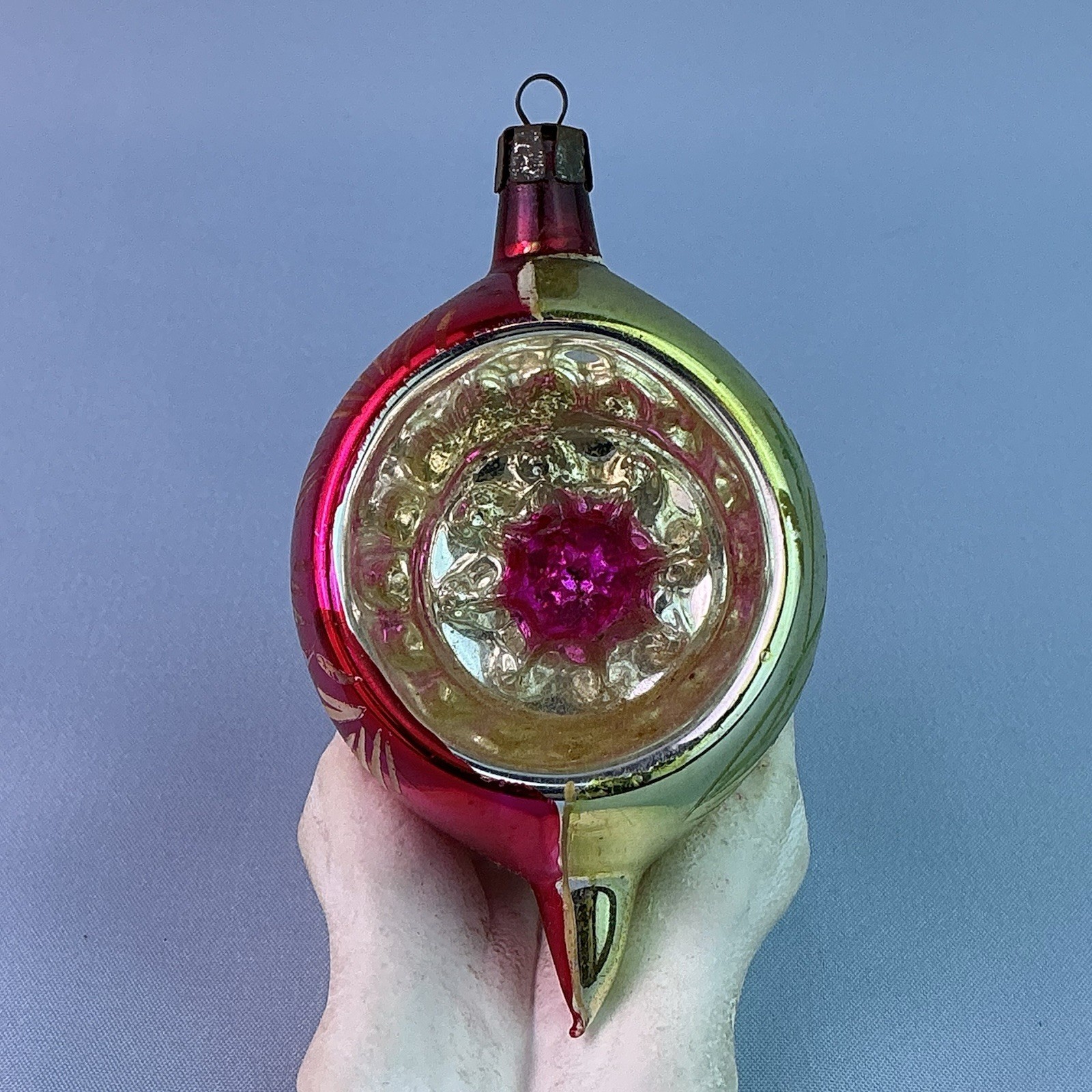 Vintage HandBlown Glass HandPainted Indented Tear Drop Ornament*POLAND*3.75”H*