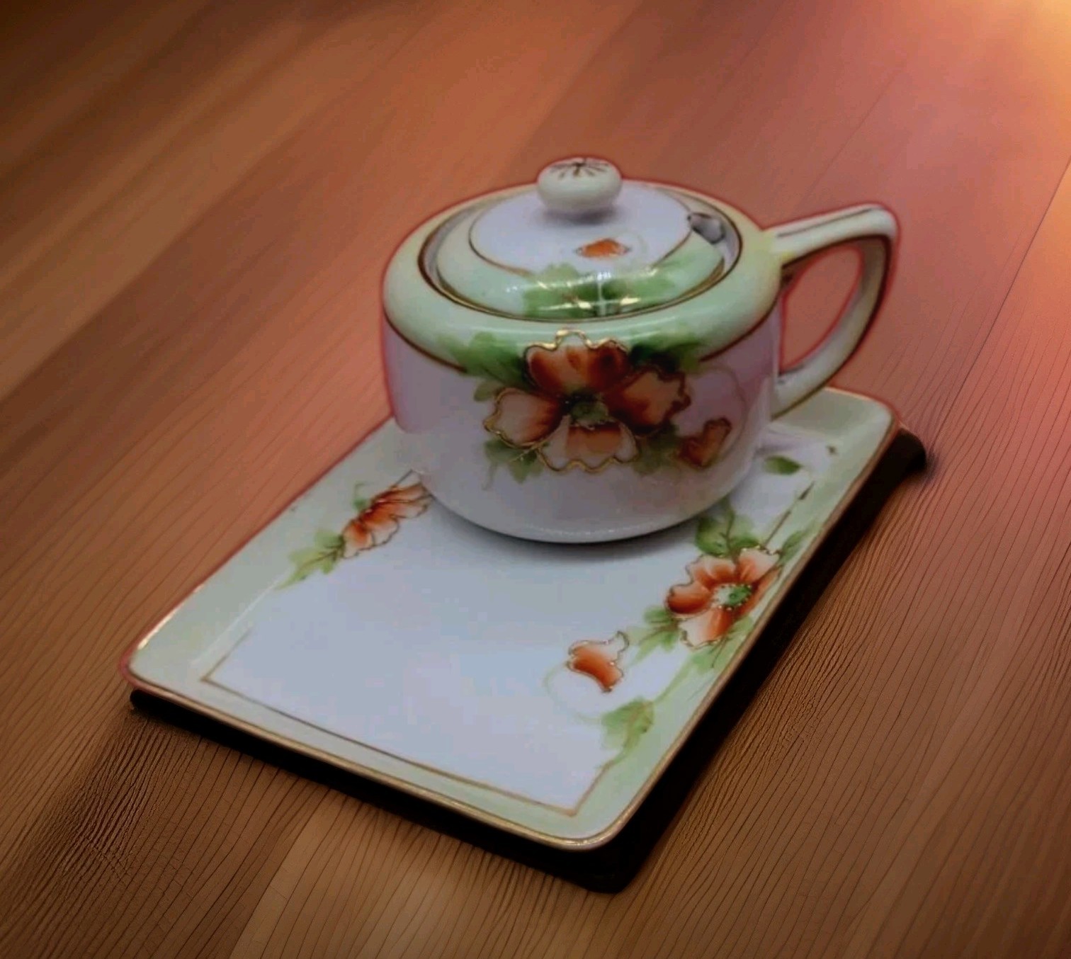 3pc Nippon Hand Painted Poppies Porcelain Lidded Jam Mustard Jar & Tray 3pc Nippon Hand Painted Poppies Porcelain Lidded Jam Mustard Jar & Tray