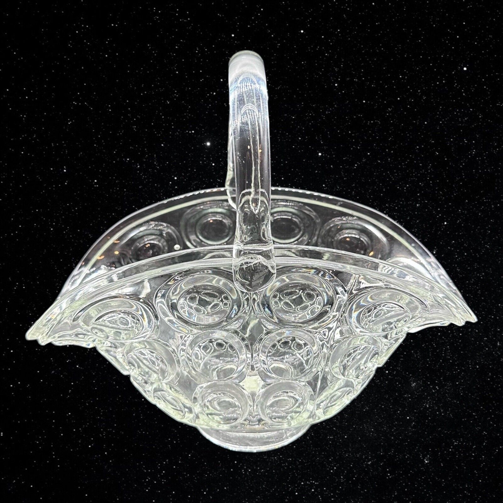 L.E. Smith Art Glass Clear Thousand Eye Pattern Wedding Centerpiece Basket 9”T