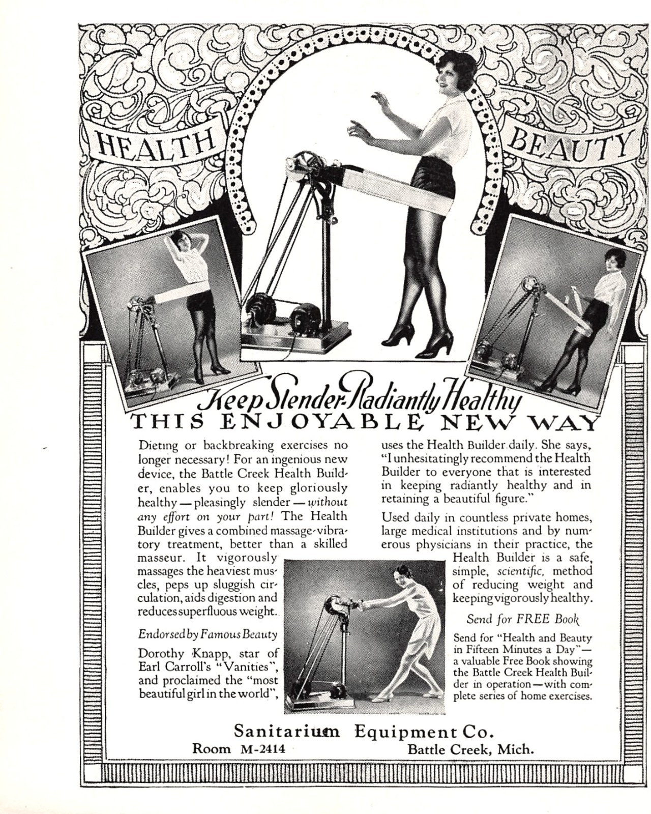 Kellogg Sanitarium Battle Creek Exercise Machine Dorothy Knapp 1927 Mag Print Ad