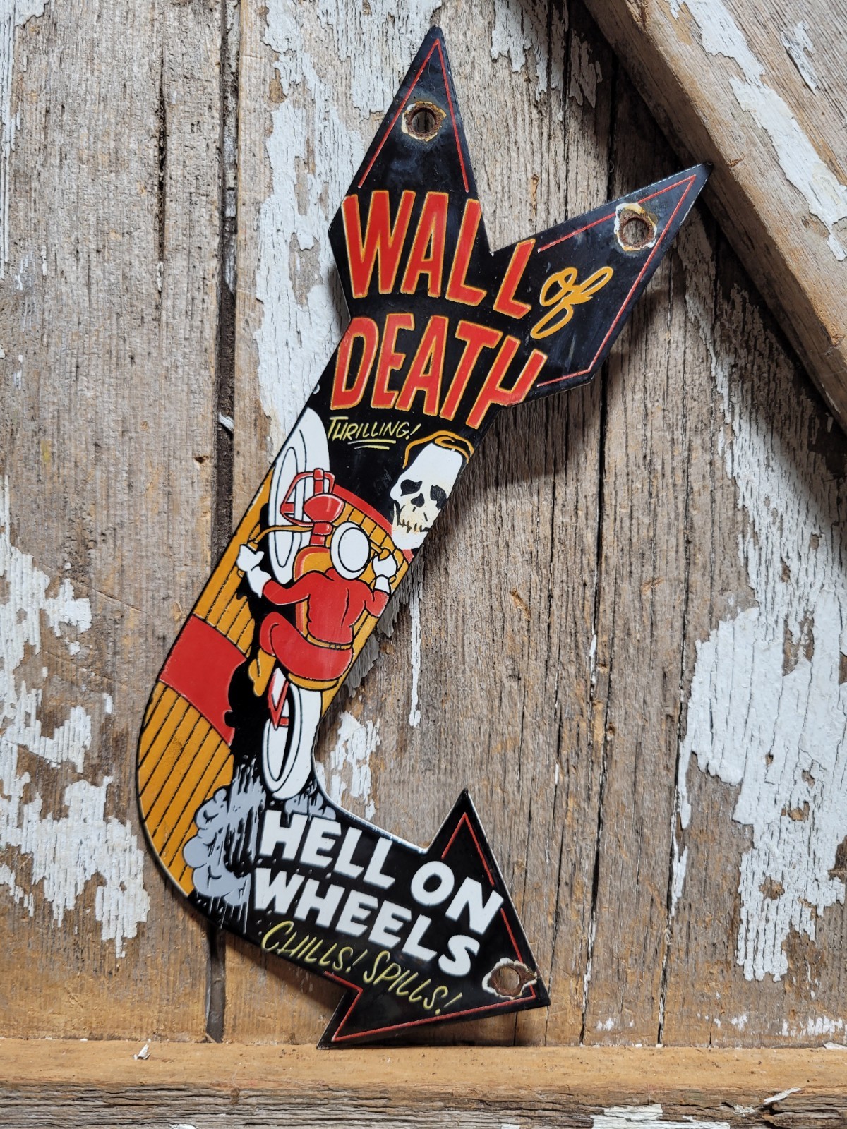 VINTAGE WALL OF DEATH  PORCELAIN SIGN RARE OLD HELL ON WHEELS MOTORCYCLE SHOW