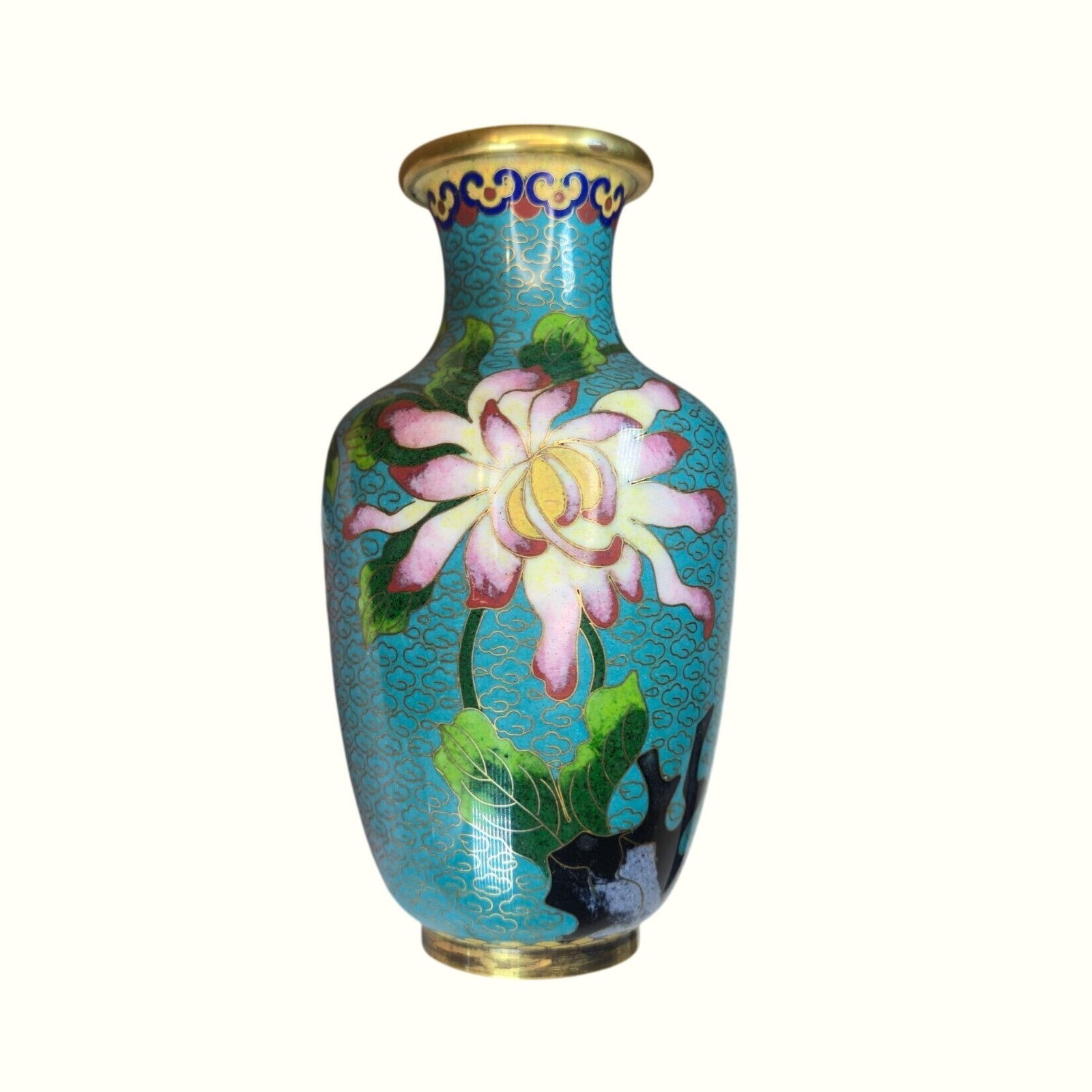 Vintage Cloisonné Vase Pink & White Chrysanthemums Gold Accents Floral Enamel 