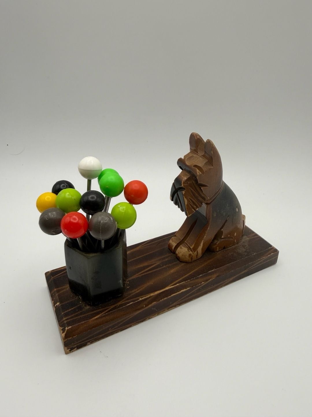 Vintage Hand-Carved Wooden Scottish Terrier Cocktail Pick Set