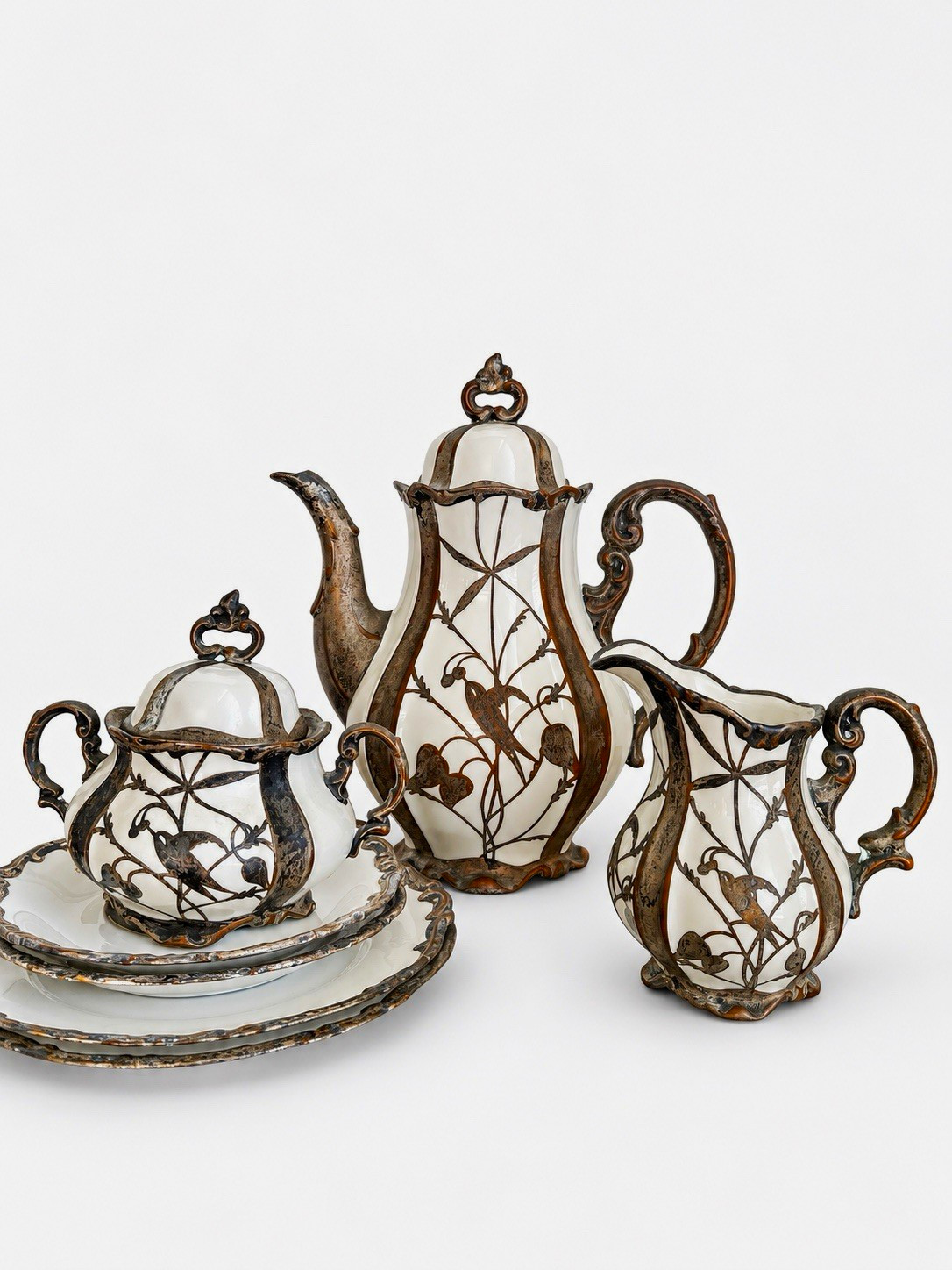 Antique Art Nouveau Sterling Silver Overlay Tea Set Hertel Jacob Bavaria Birds