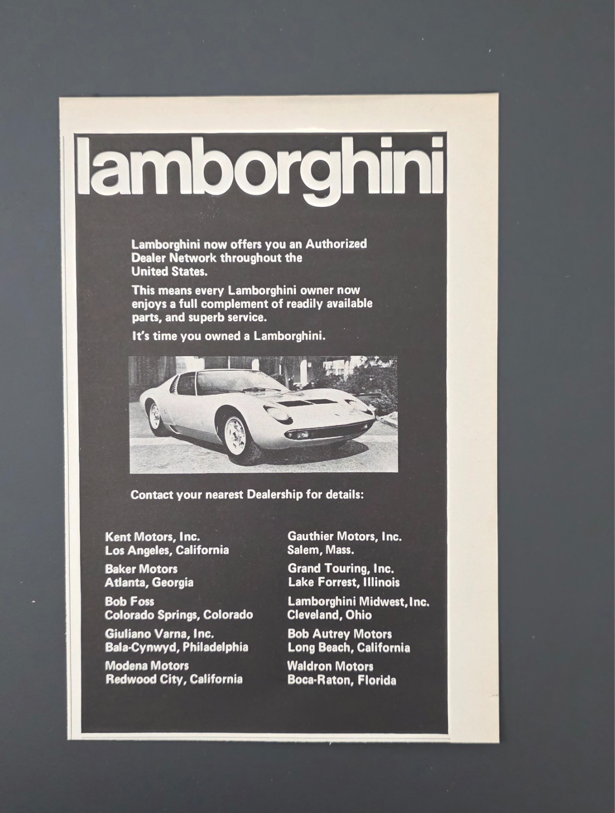 1972 PRINT AD Lamborghini authorized dealers featuring Miura
