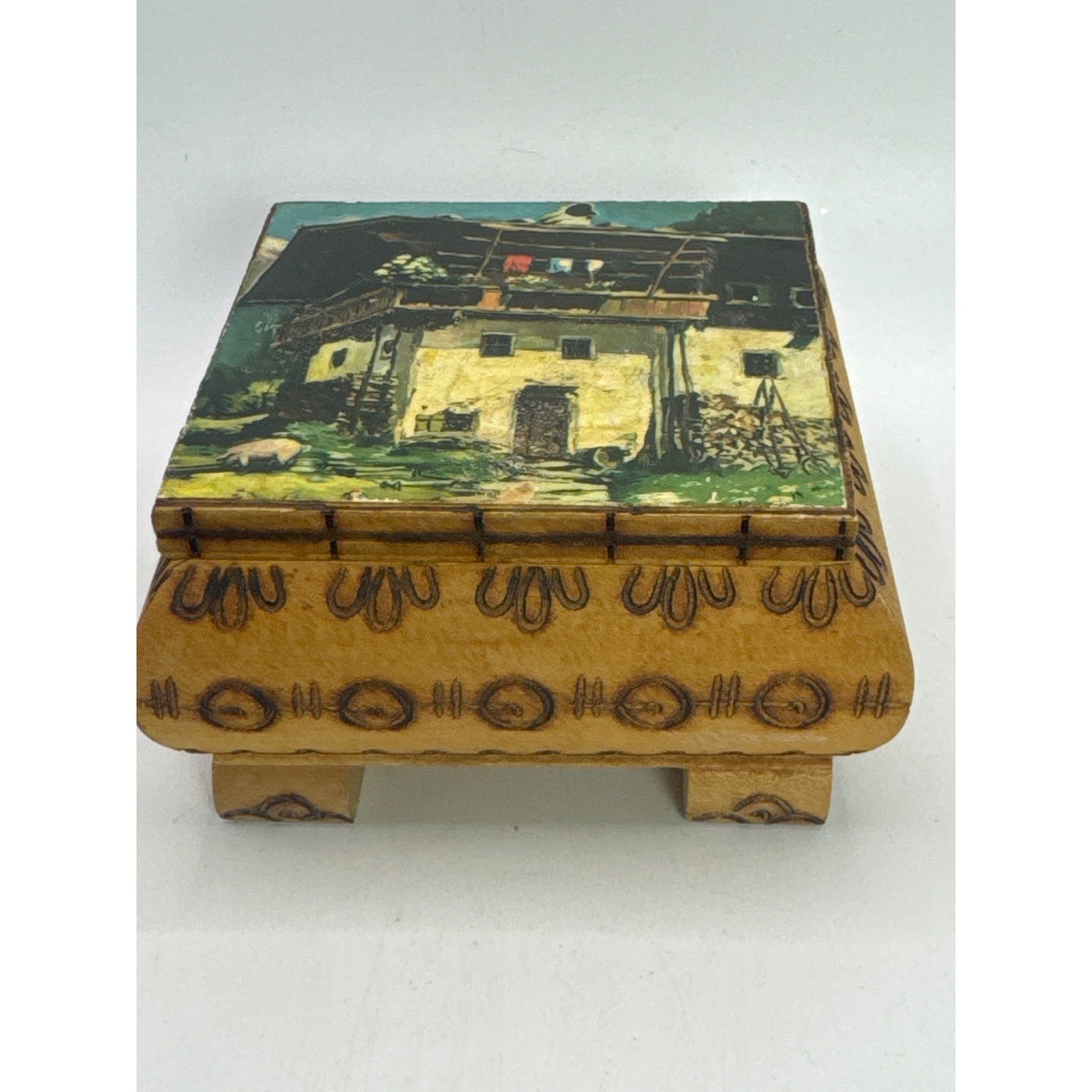 Vintage Innsbruck Austrian Alpine Wood Trinket Box Hand Painted Cottage Scene