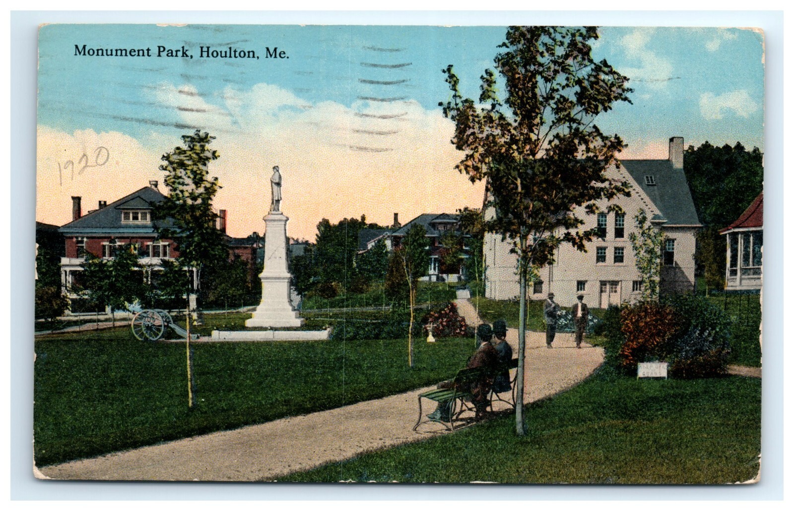 Postcard Monument Park Houlton Maine Posted 1920 DB Canon People on Bench