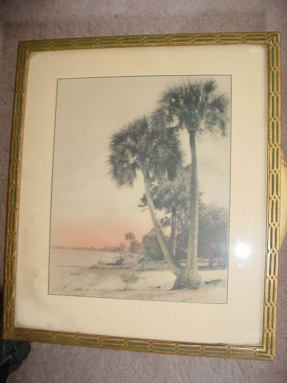OLD VINTAGE TINTED PHOTO PALM TREES BEACH ART DECO PERIOD GILT FRAME