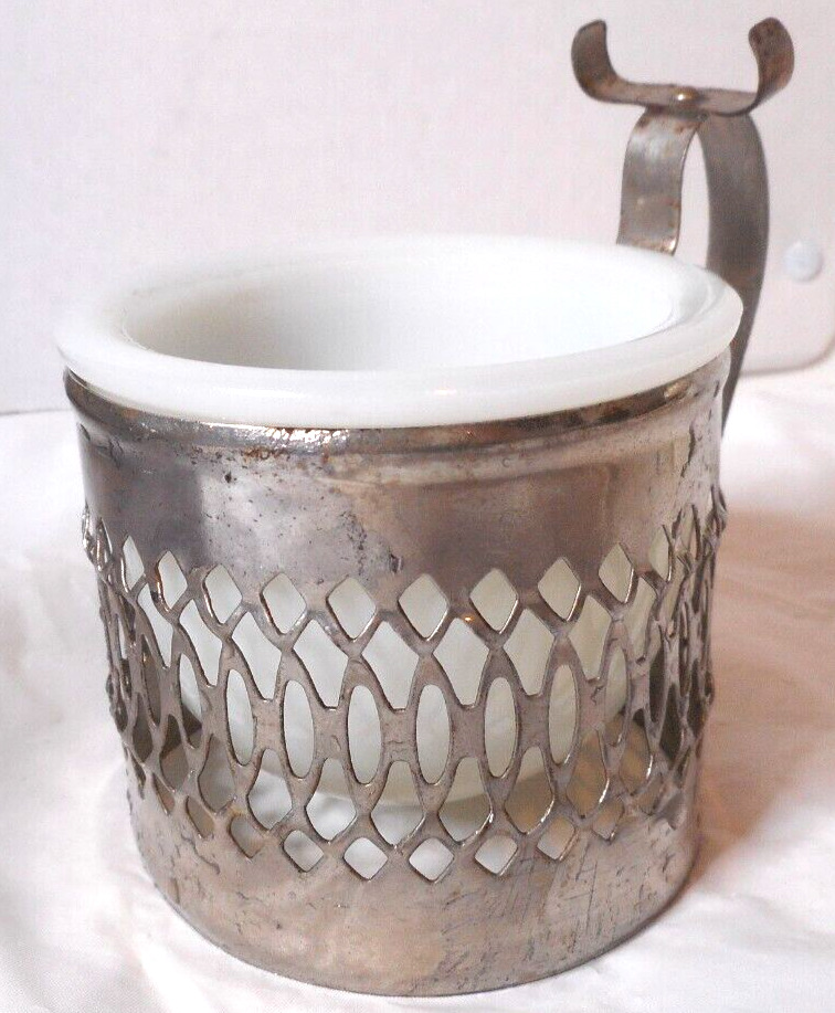 Vintage Silver-Plated Filigree Shaving Mug Milk Glass Insert Brush Holder 3 3/4\