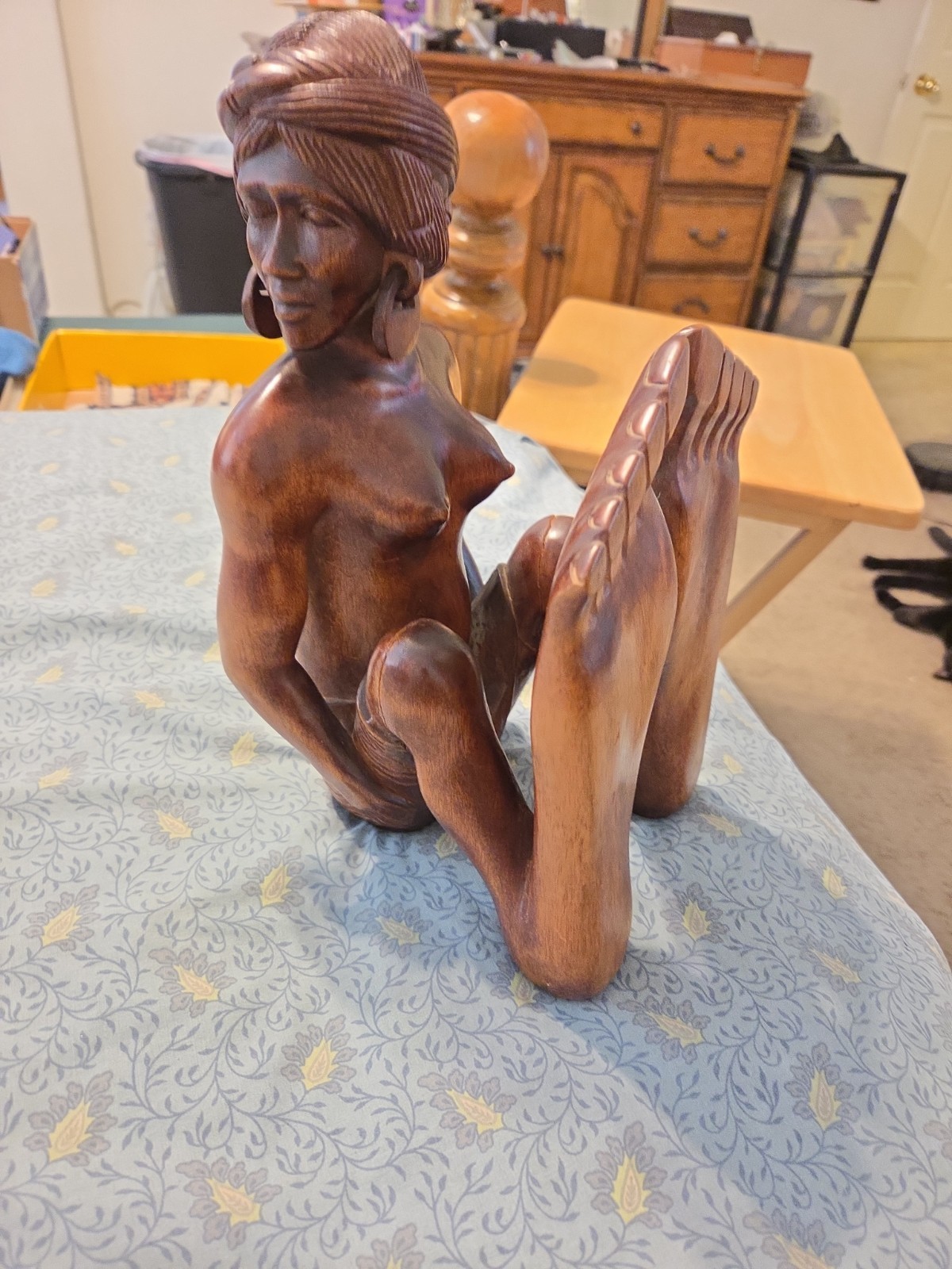 Vintage Philippines Hand Carved Sculpture Women with Headband & Earrings Vintage Philippines Hand Carved Sculpture Women with Headband & Earrings