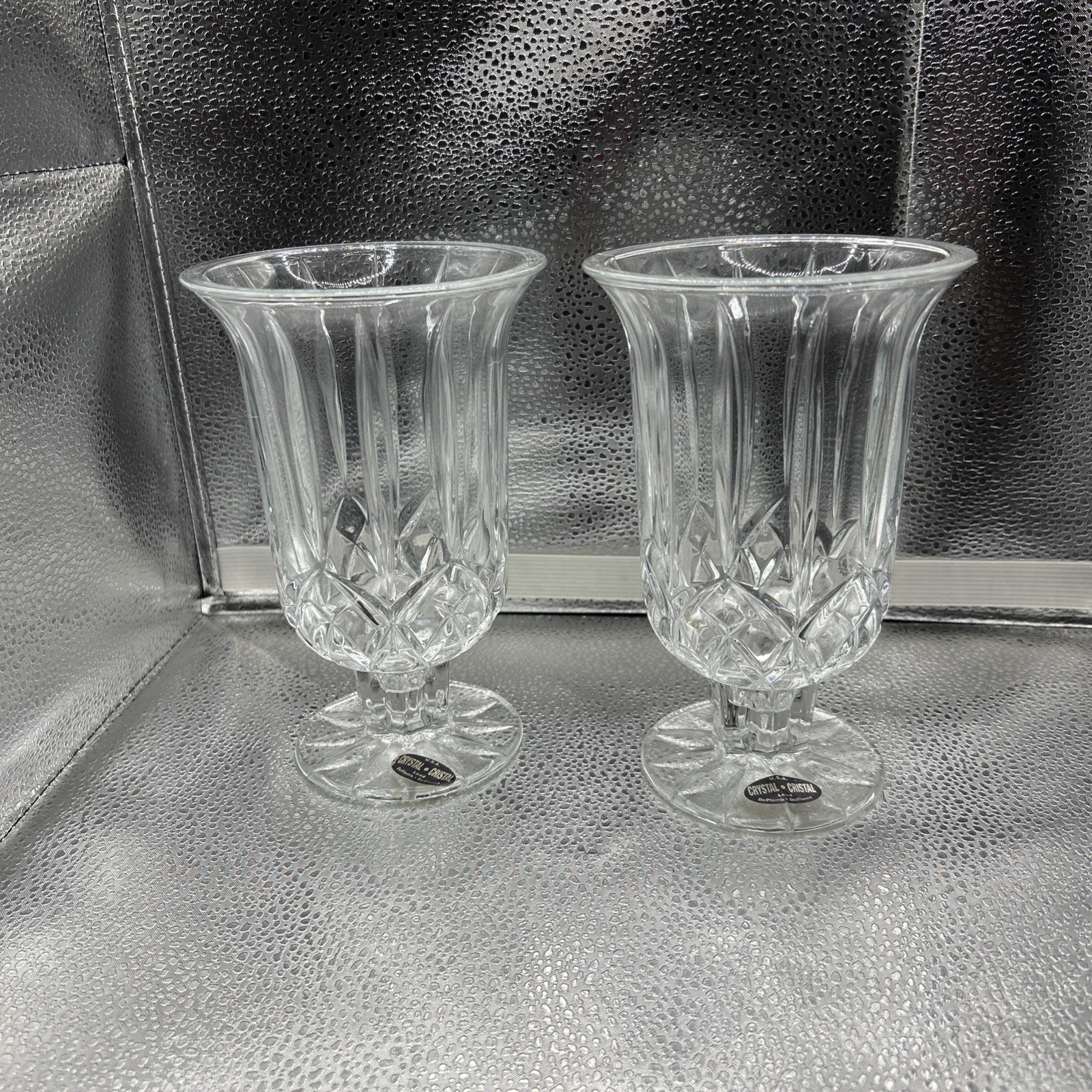 Pair Vintage DePlomb USA 24% Lead Crystal Hurricane Candle Holders Pair Vintage DePlomb USA 24% Lead Crystal Hurricane Candle Holders