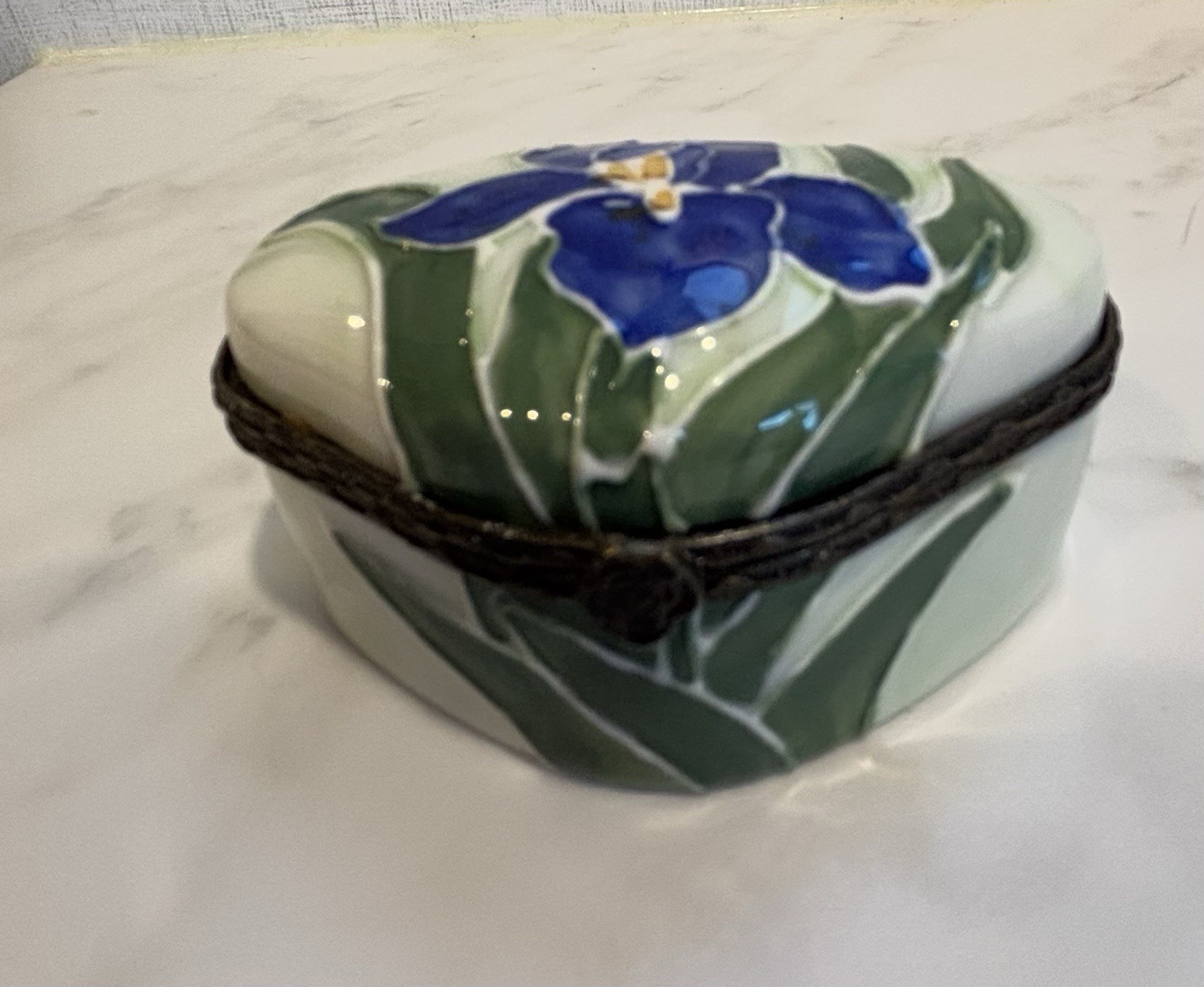 Hand Painted Porcelain Blue Iris Trinket Box