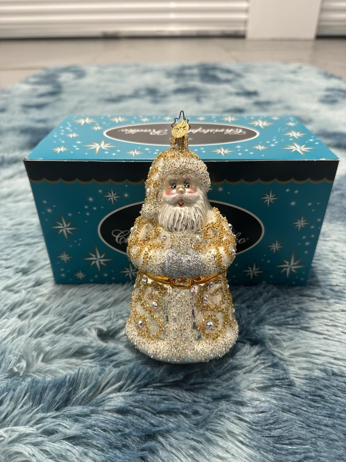 Vintage Christopher Radko White Gold Santa Glass Christmas Ornament Rare Retired