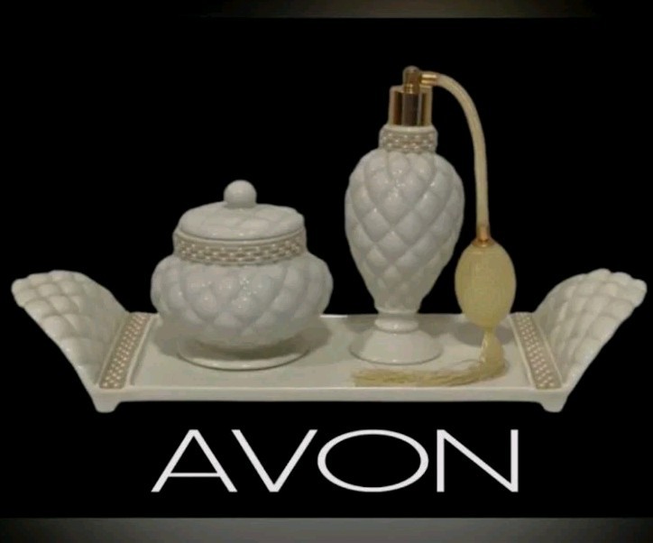 Avon Vintage 1999 White Porcelain Vanity Set Tray, Lidded Jar & Perfume Atomizer Avon Vintage 1999 White Porcelain Vanity Set Tray, Lidded Jar & Perfume Atomizer