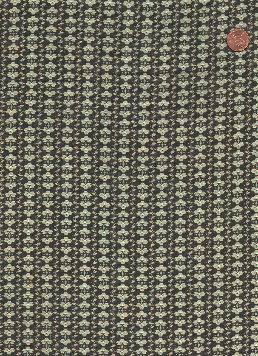 Antique 1870 Green Floral Stripe Fabric