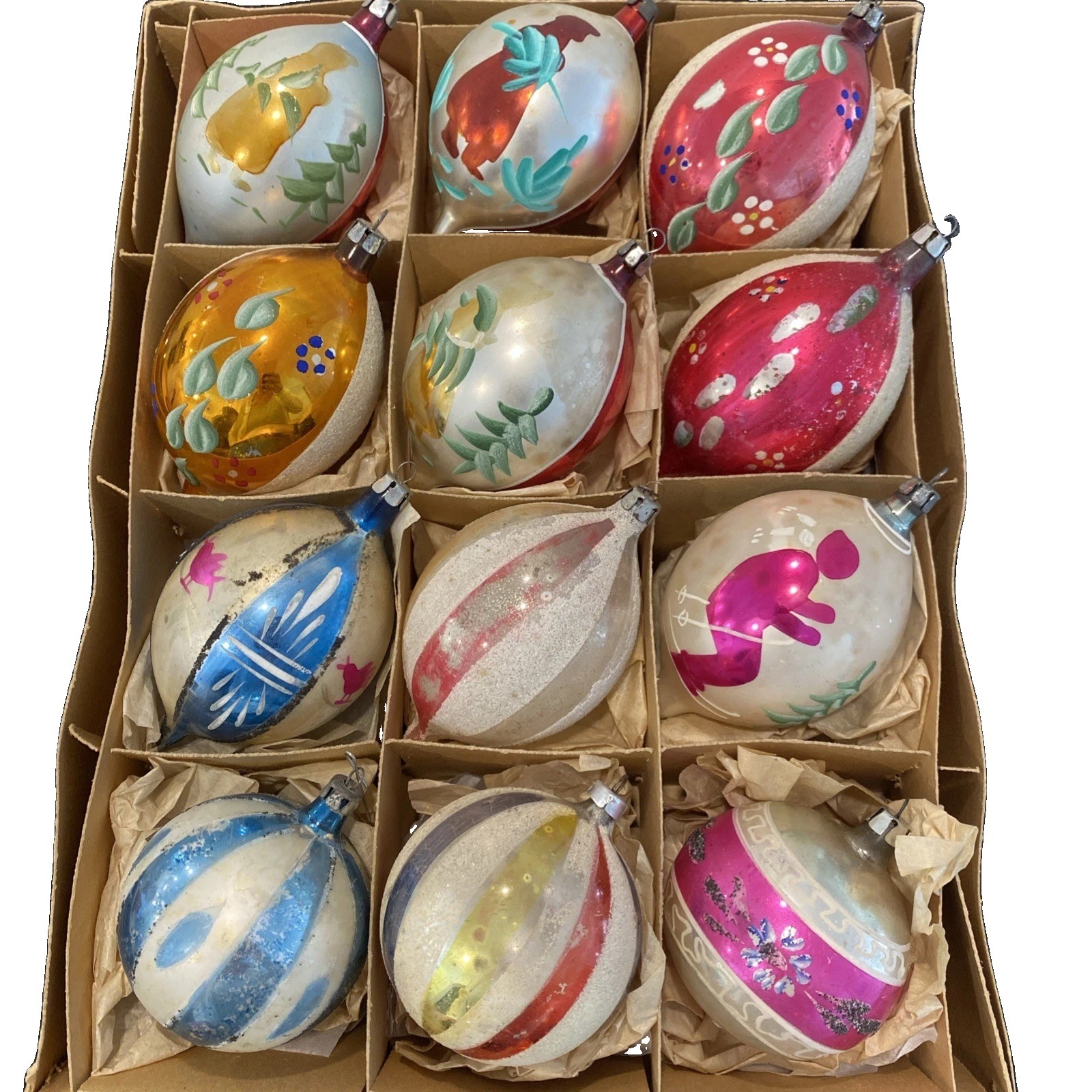 Vintage Poland Glass Christmas Ornaments Teardrop Mica Hand Painted Box Set 12 Vintage Poland Glass Christmas Ornaments Teardrop Mica Hand Painted Box Set 12