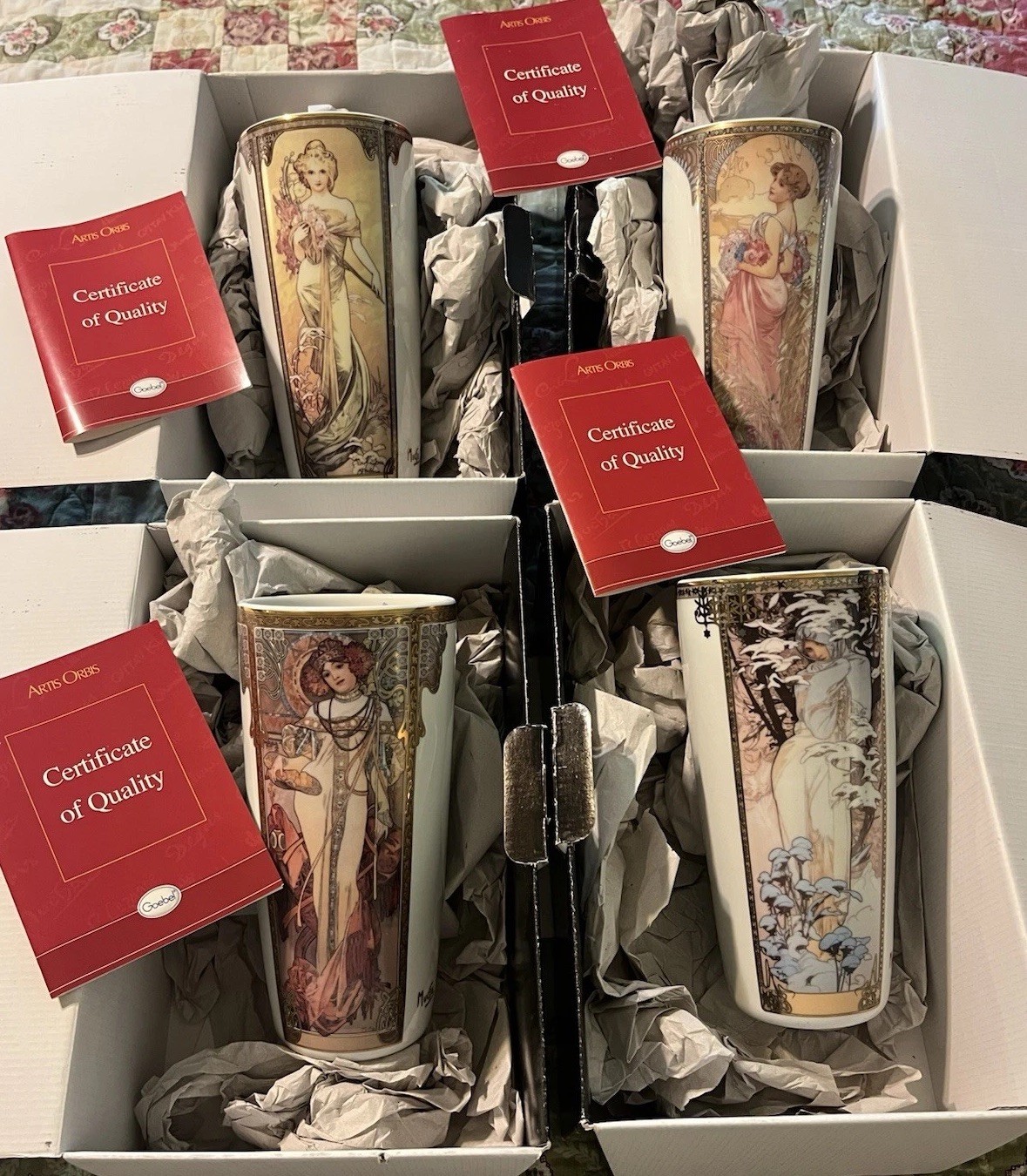 Goebel Artis Orbis Mucha Set Of 4 Four seasons Vases Porcelain 8.5 Goebel Artis Orbis Mucha Set Of 4 Four seasons Vases Porcelain 8.5