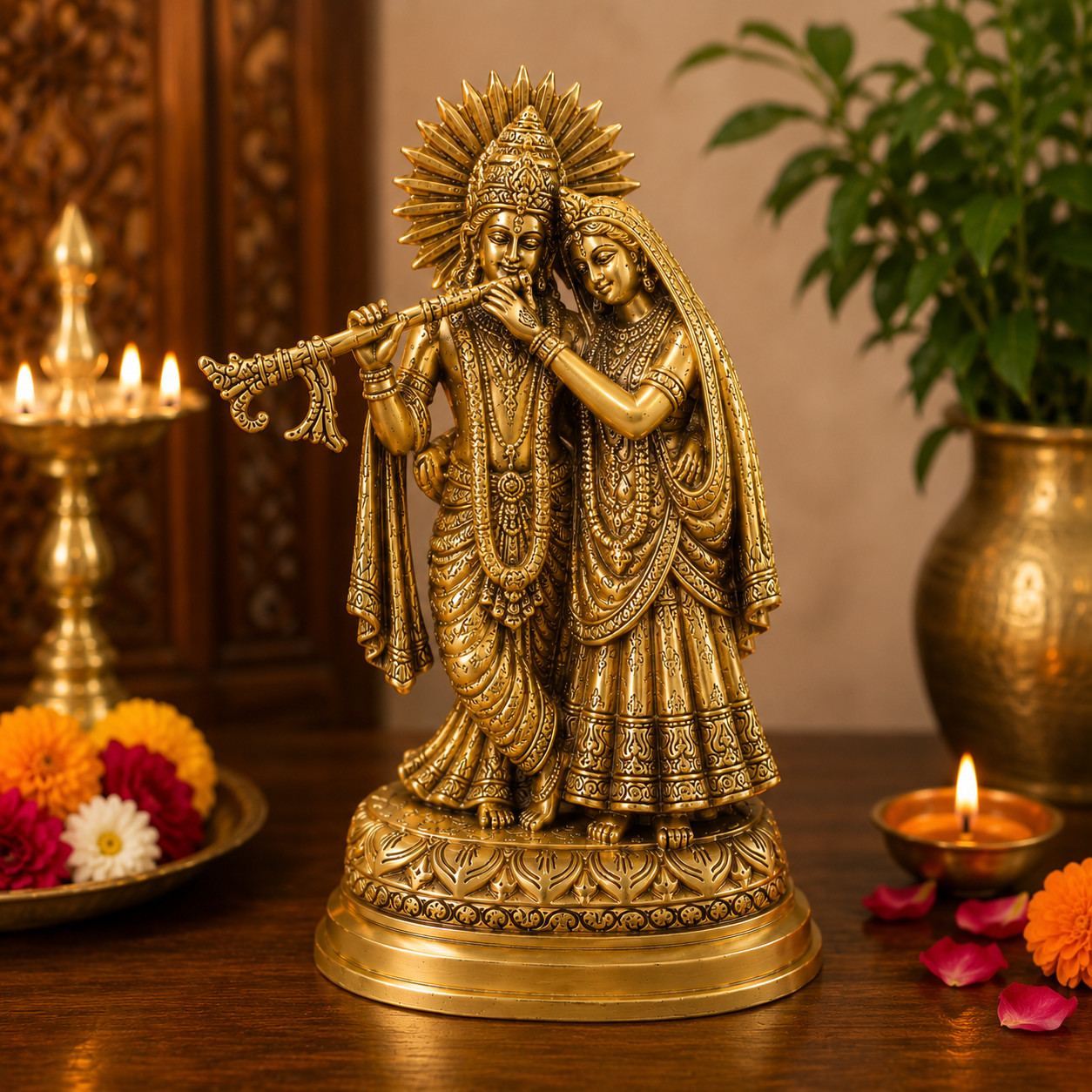 Brass Lord Radha Krishna Murti Playing Flute for Home, Temple  Pooja Room decor.