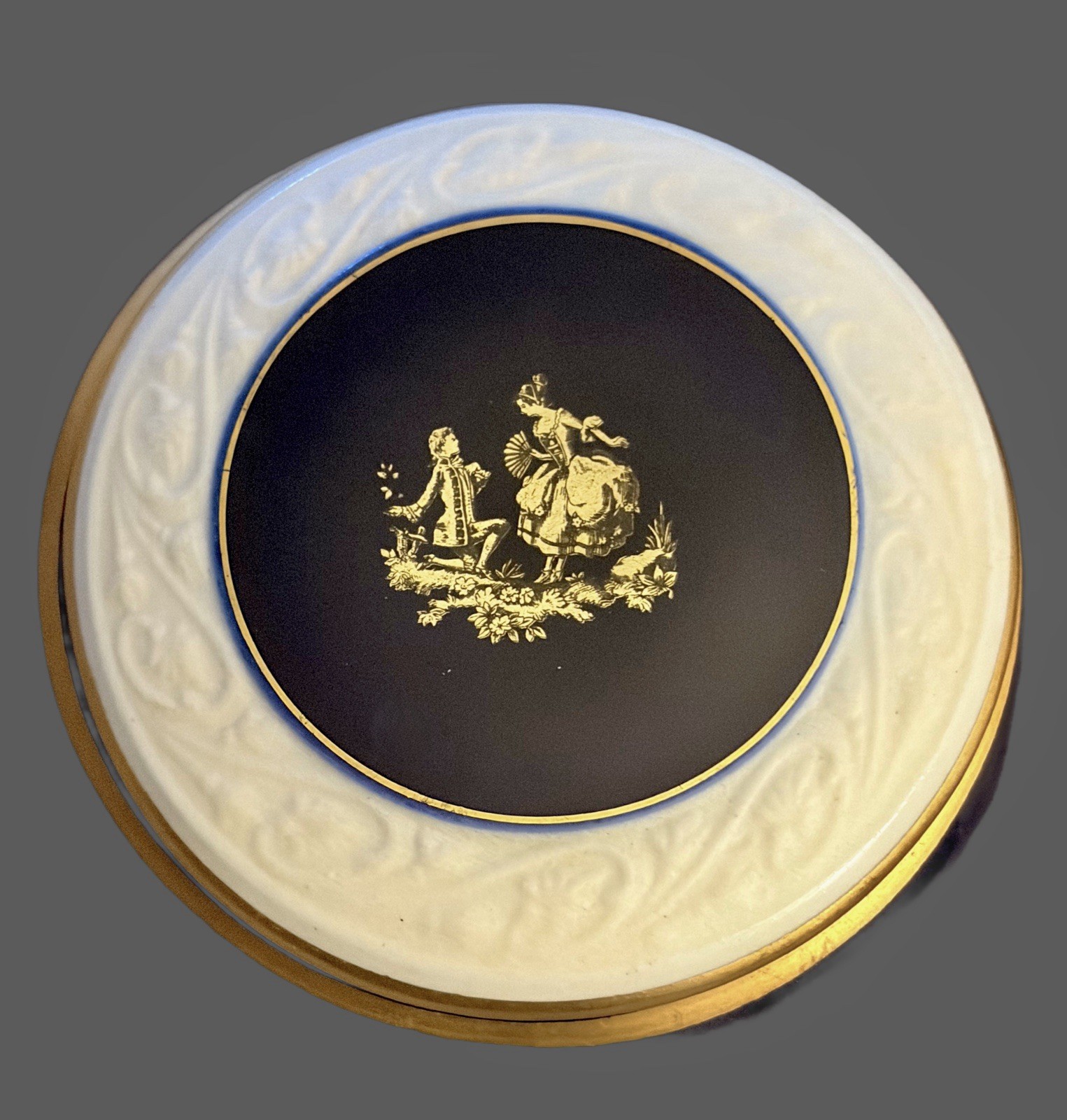 Vintage Cobalt & Gold Trim~Porcelain Trinket Box~Crowned N~Courting Couple~1950s