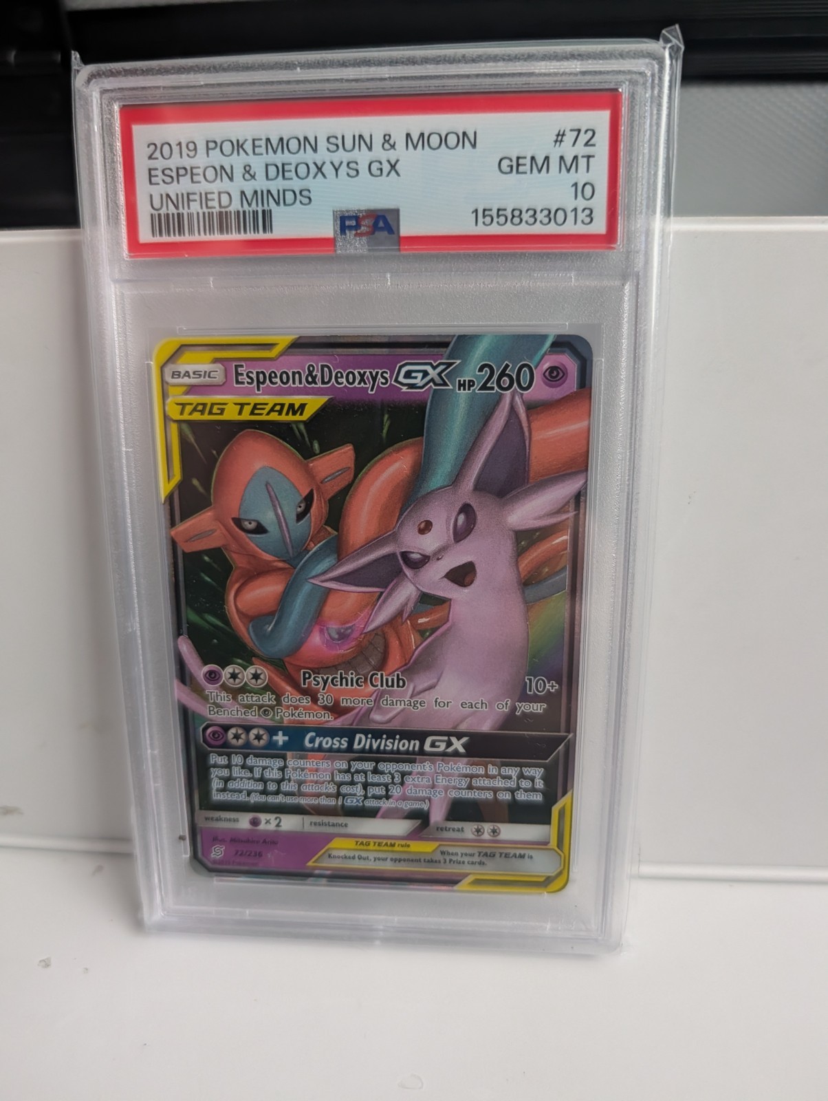 Pokemon TCG Espeon & Deoxys GX Tag Team 72/236 Unified Minds PSA 10