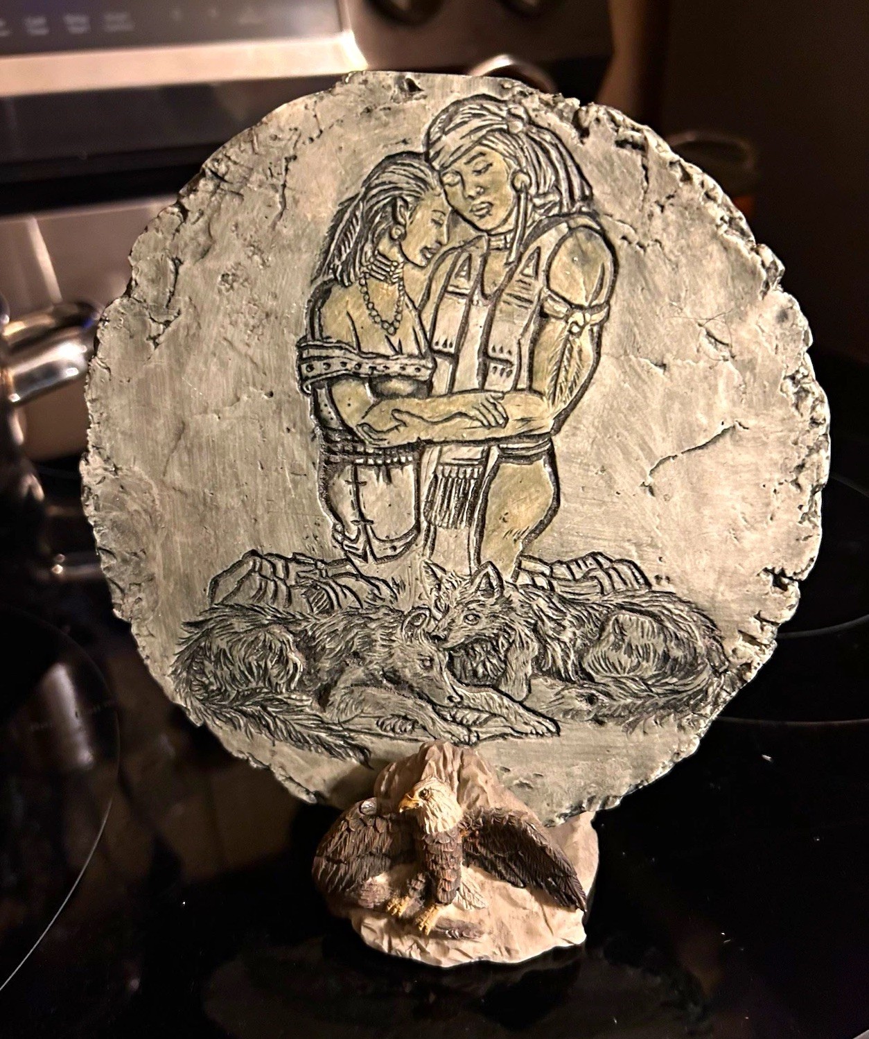 Vtg Stan Langtwait Shapes of Clay Plaque Native American Couple Wolves Eagle Vtg Stan Langtwait Shapes of Clay Plaque Native American Couple Wolves Eagle