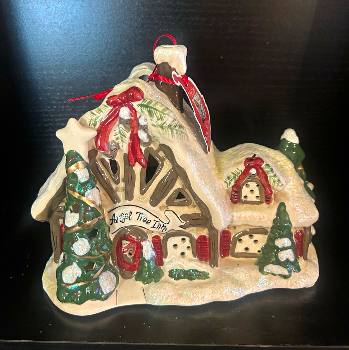 Blue Sky Clayworks Holiday Tree Inn House Christmas Ceramic Tea Light House