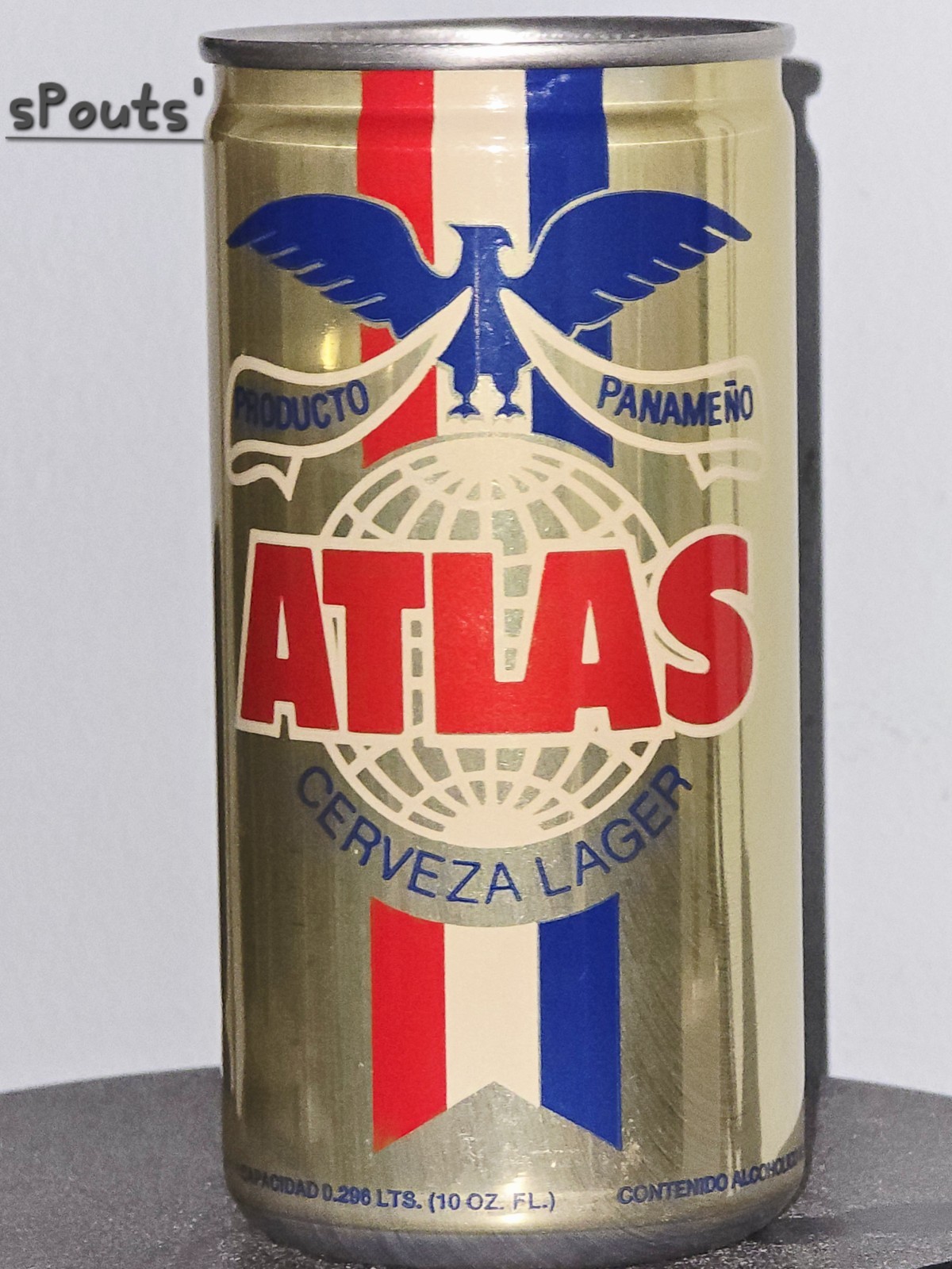 10 oz ATLAS GOLD GLOBE CERVEZA LAGER BEER CAN NATIONAL PANAMA BLUE EAGLE AMERICA