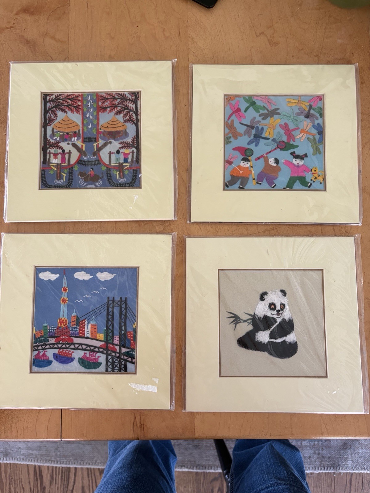 Lot Of 4 Chinese hand Stitched silk suzhou embroidery art, Matted 8 Inch Square