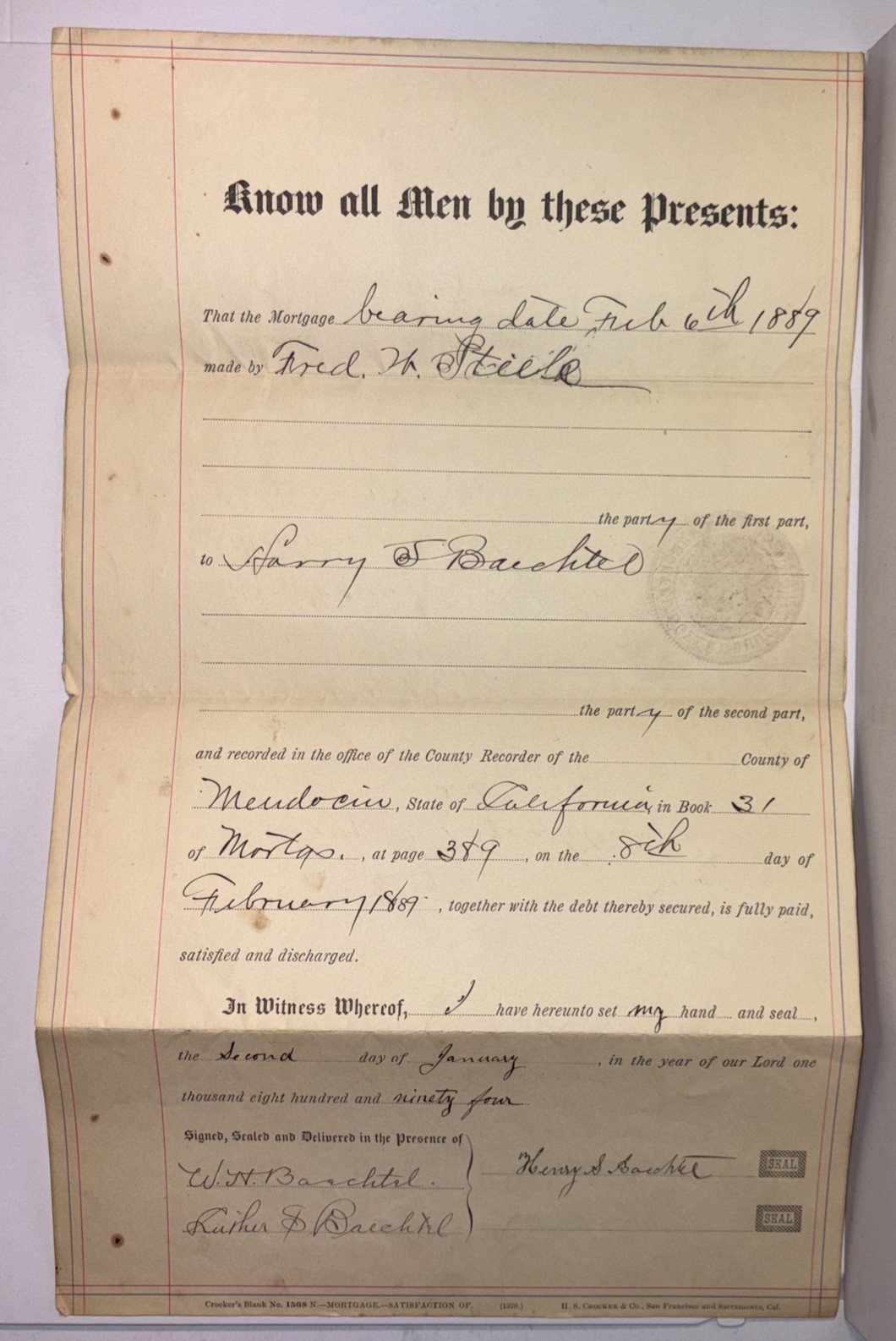 1894 Willits / Mendocino CA Satisfaction of Mortgage – Harry S. Baechtel Pioneer