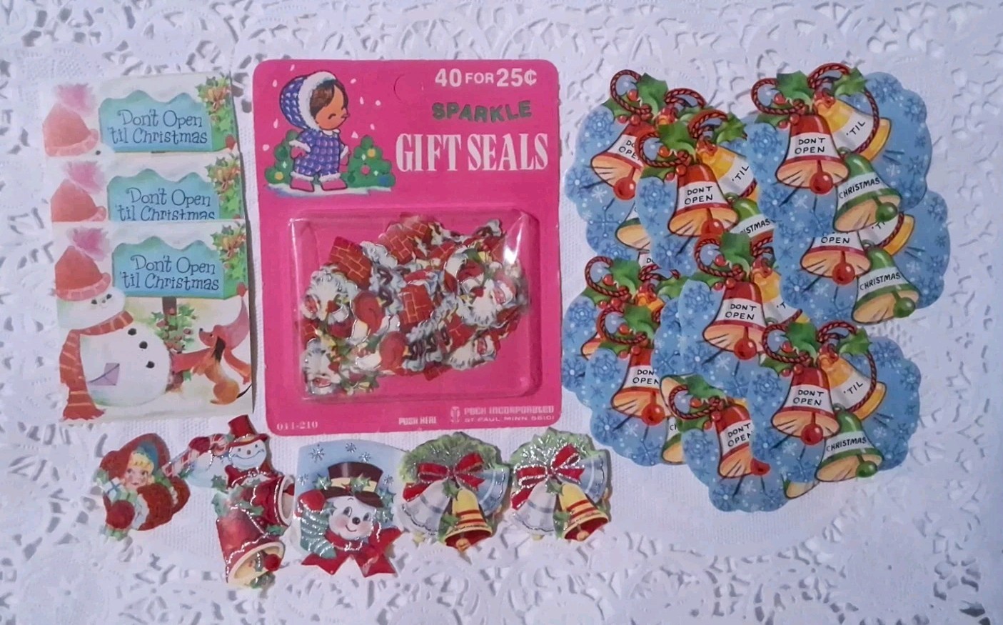 63 Vintage Gummed Christmas Seals Glitter Snowmen Bells Santa
