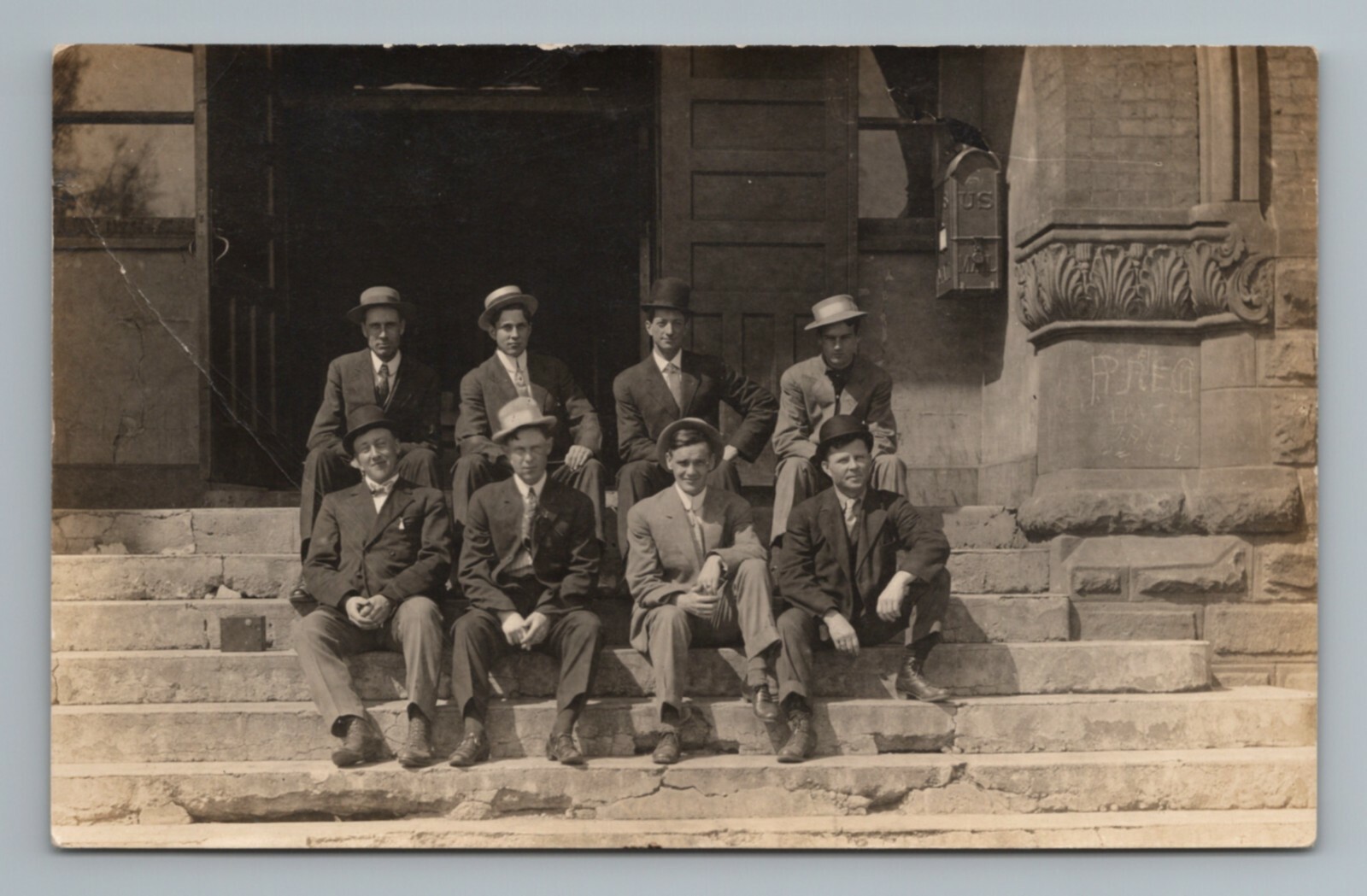 Men on Steps H.P.C. 1910s 1920s Hats Vintage Postcard Men on Steps H.P.C. 1910s 1920s Hats Vintage Postcard