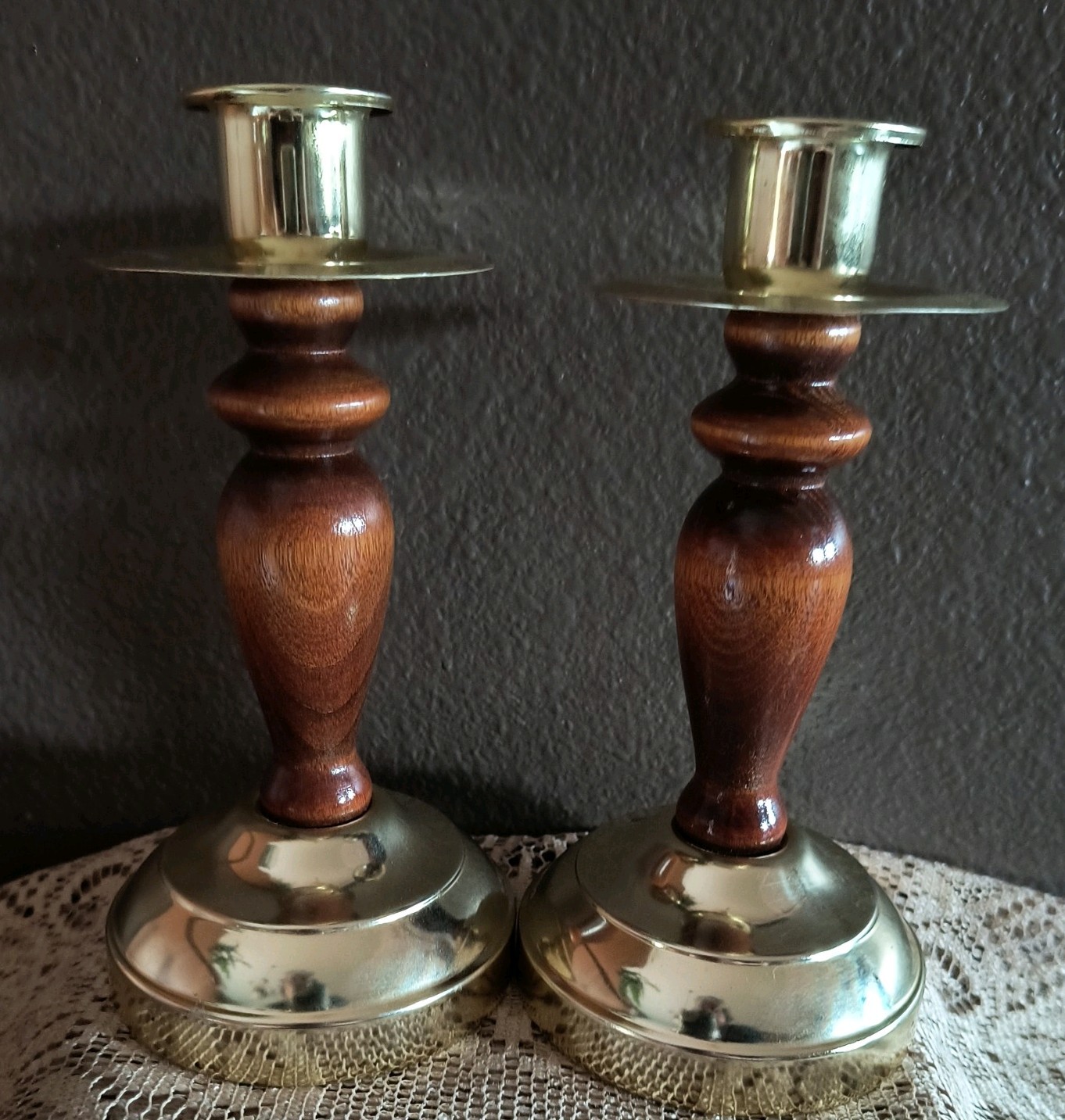 Vintage Pair Of Home Interior Brass /Wood Candlesticks Candle Holders 7.5\