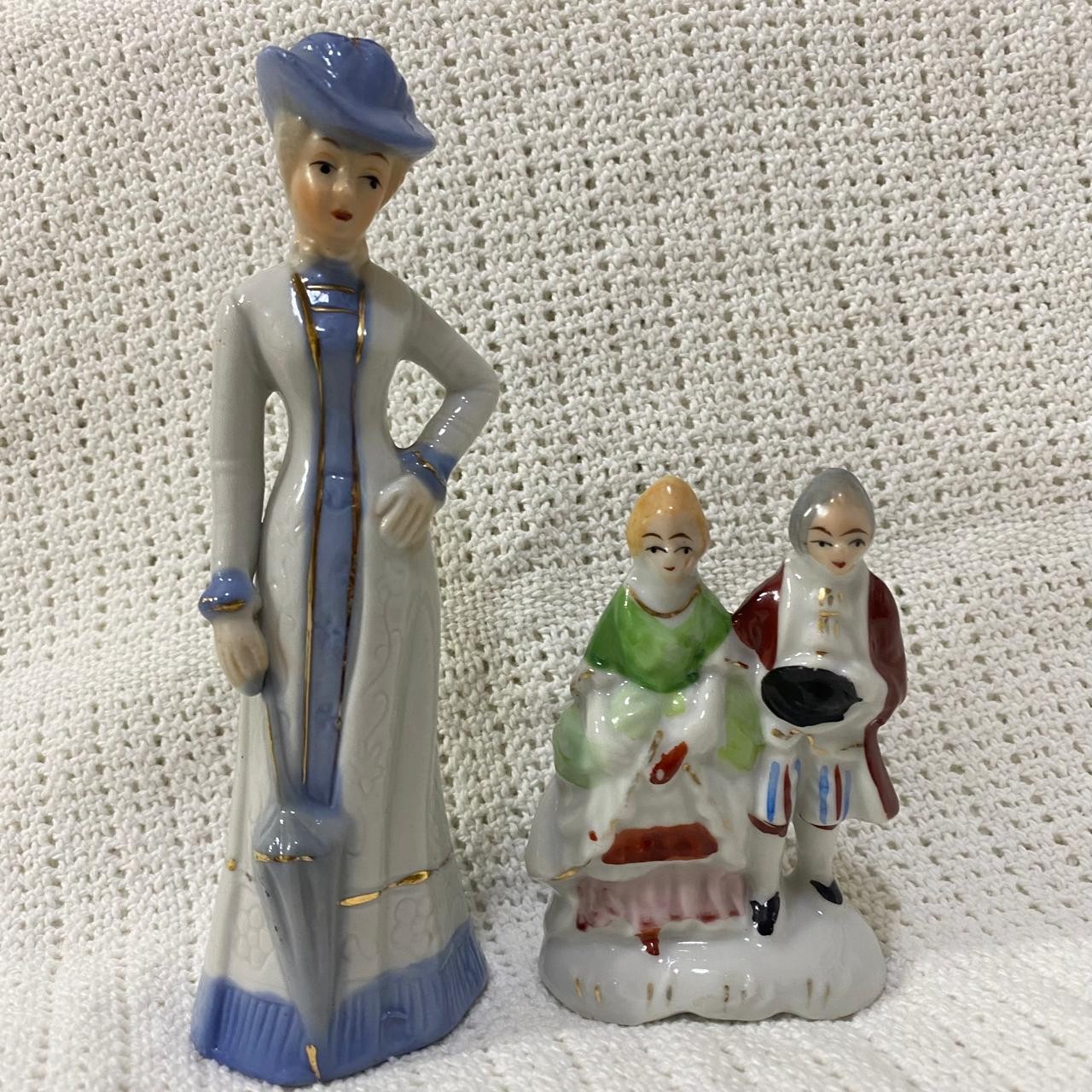 Lot of 2 Porcelain Figurines Victorian Lady Blue Colonial Couple Gold Accents Lot of 2 Porcelain Figurines Victorian Lady Blue Colonial Couple Gold Accents