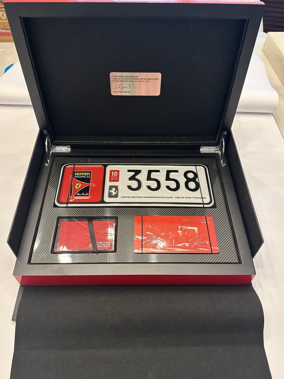 Rare Ferrari World Abu Dhabi Limited Box3558/4000, License Plate, Roof Piece