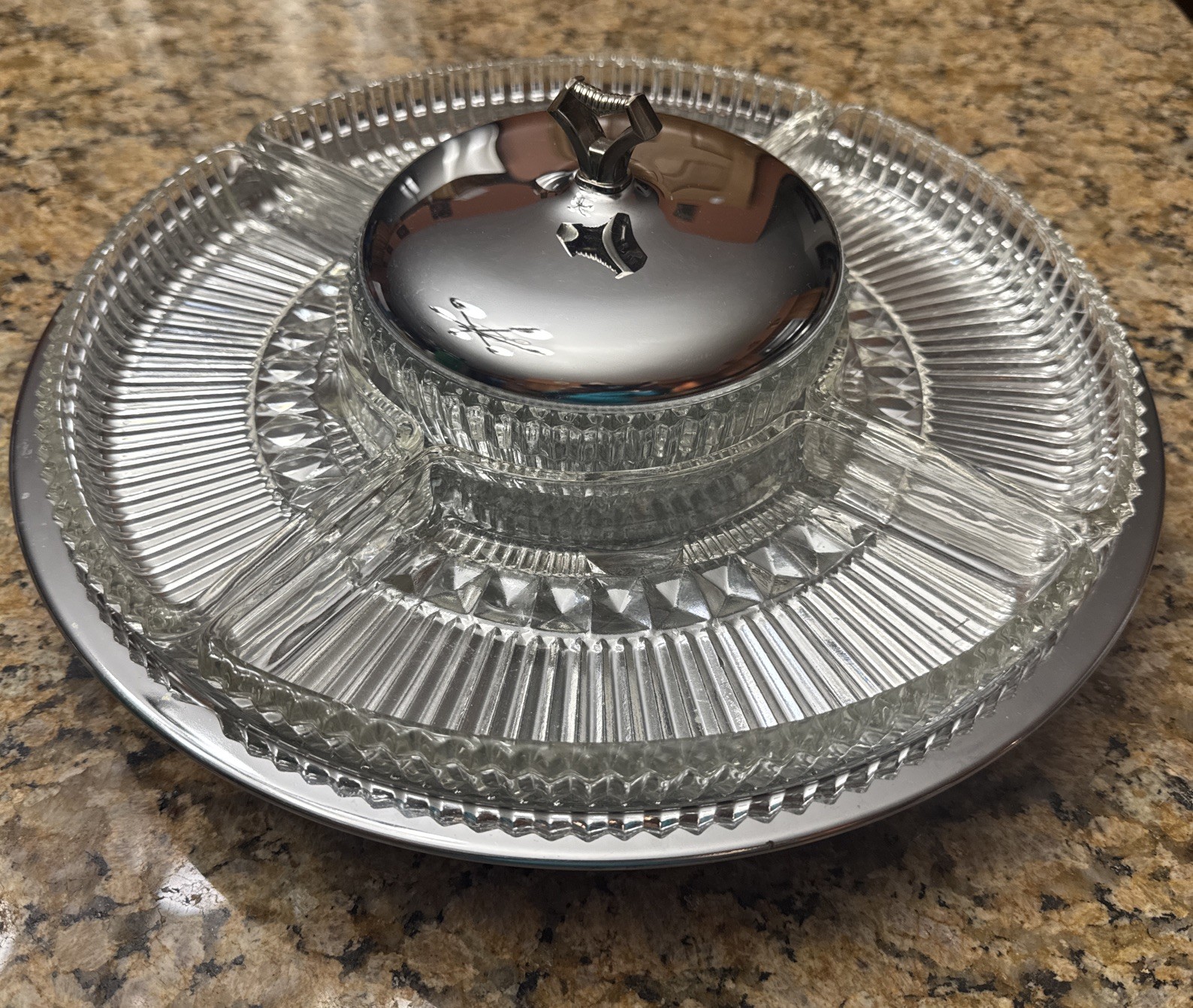 Kromex Chrome and Pressed Glass Vintage Lazy Susan Relish Tray 7 Pcs Serving Set