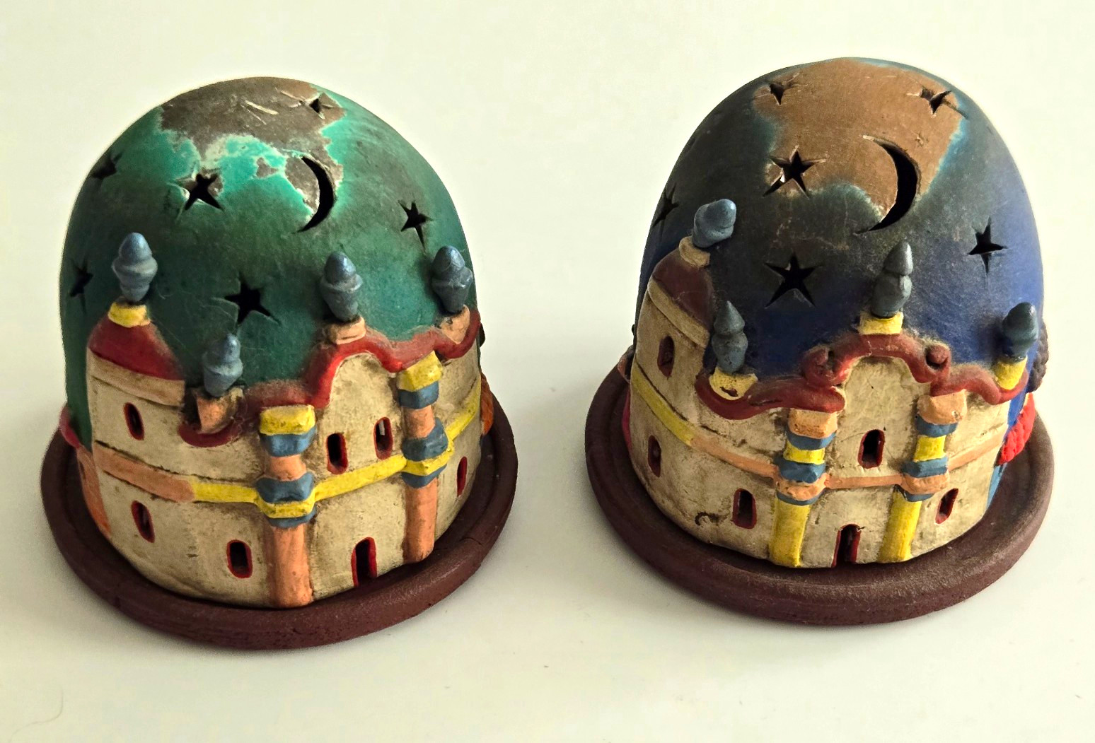 Vtg Pair of Folk Catholic Clay Church Luminary, Mexican Shrine Votives