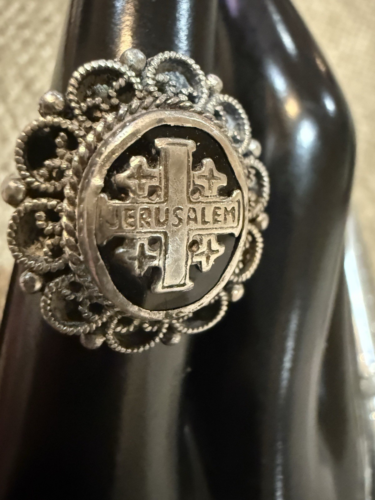 Vintage Silver Filigree Jerusalem Cross Ring Black Onyx Oval Statement ring 6.5 Vintage Silver Filigree Jerusalem Cross Ring Black Onyx Oval Statement ring 6.5